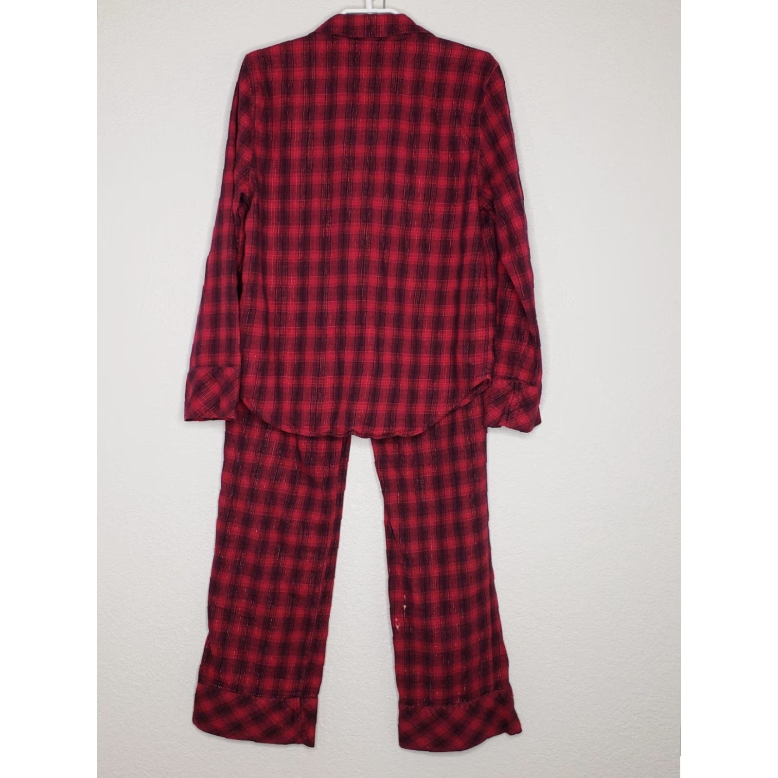 Victoria's Secret VINTAGE Victoria’s Secret Pajama Set Small Metallic Red Black Plaid 2 Piece L/S & Pants Size 28" / US 6 / IT 42 - 2 Thumbnail