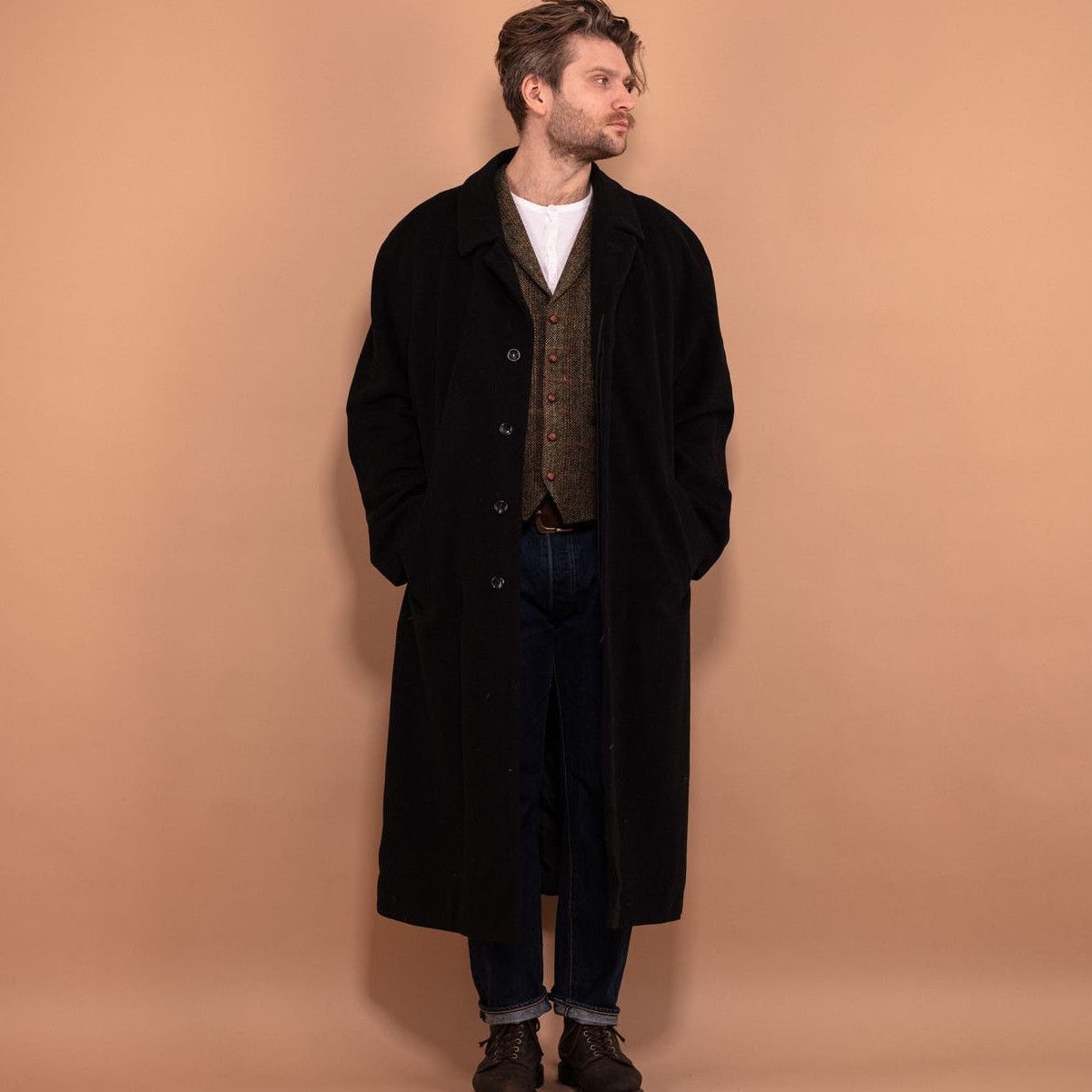 image of Cashmere Wool x Retro Jacket Vintage 90's Men Wool Blend Maxi Coat In Dark Grey (Size 2XL)