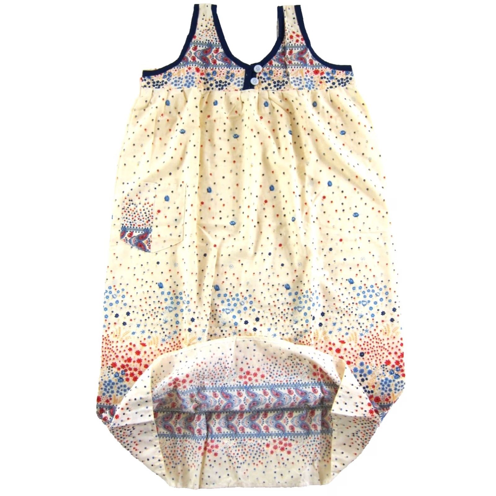 Vintage VTG New Handmade Cotton Ivory Blue Red Floral Paisley Midi Pocket Tank Dress L Size L / US 10 / IT 46 - 4 Thumbnail