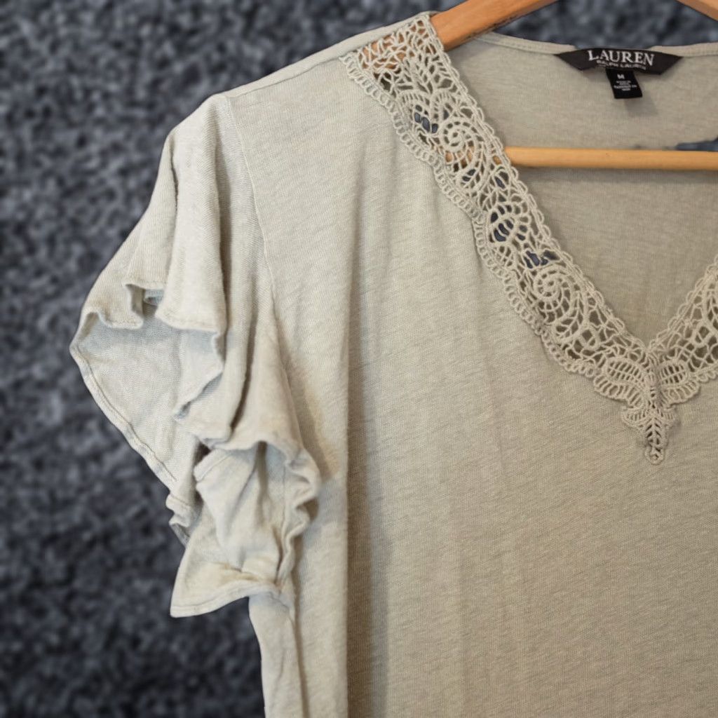 Ralph Lauren Lauren Ralph Lauren Crochet Lace V-Neck Top Womens M Green Linen/Viscose Shirt Knit Casual Slim Short Sleeve T-Shirt 90s Style Womens M Size M / US 6-8 / IT 42-44 - 1 Thumbnail