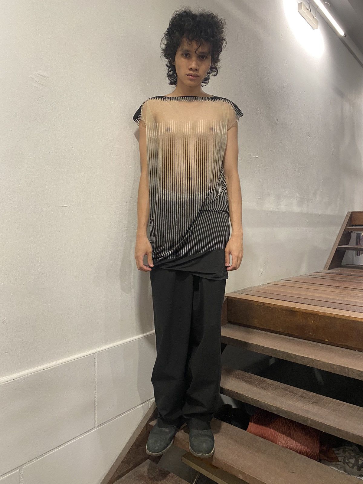 image of Late 90's Jean Paul Gaultier See Through Stripes Dress Mesh in White, Women's (Size Small)