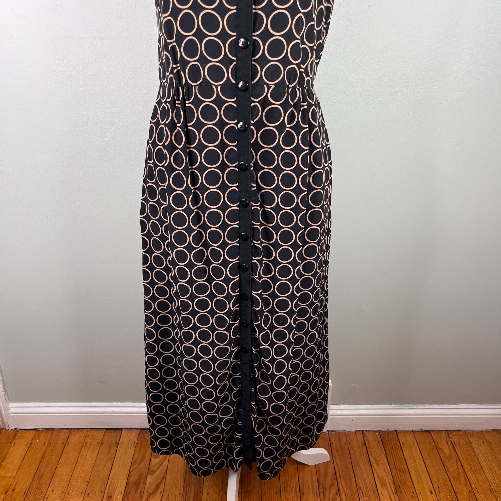Talbots Pure Silk Midi Shirt Dress 6 Black Tan Pockets Lined
