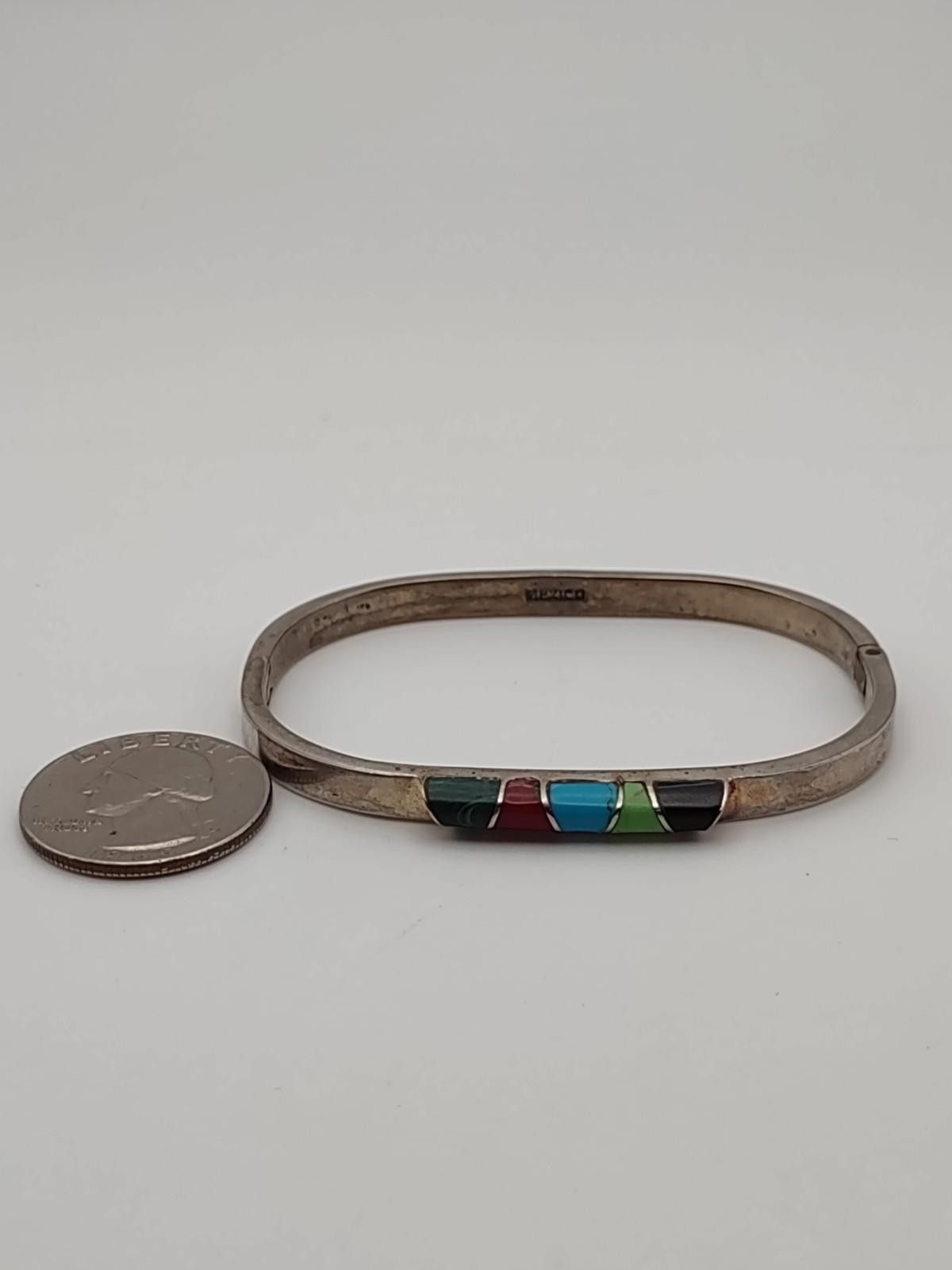 The Unbranded Brand Mexican Sterling Silver Multi Stone Inlay Hinged Bracelet Size ONE SIZE - 5 Thumbnail