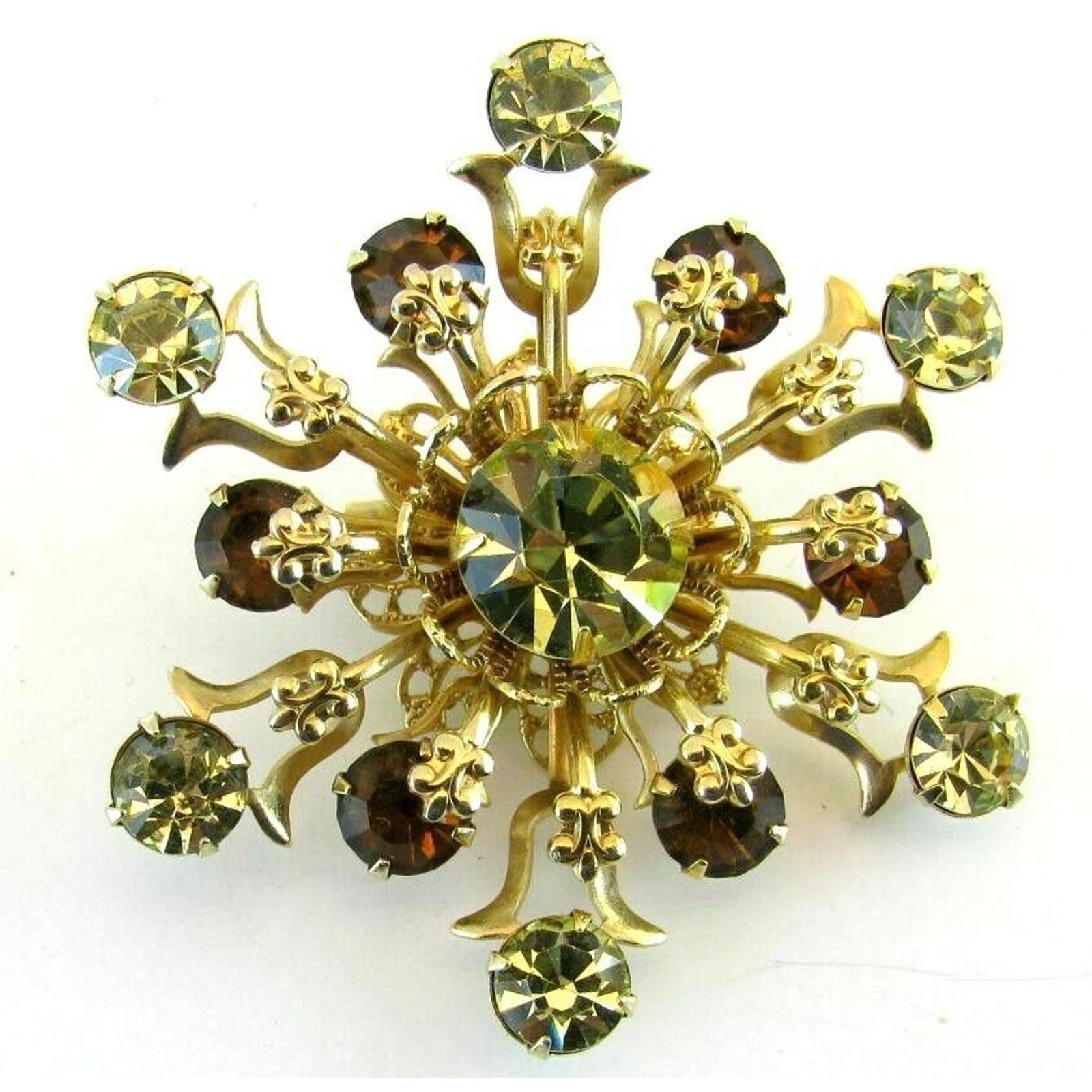 Other Mid Century Riveted Brooch Pin Light Green Amber Rhinestone Size ONE SIZE - 1 Thumbnail