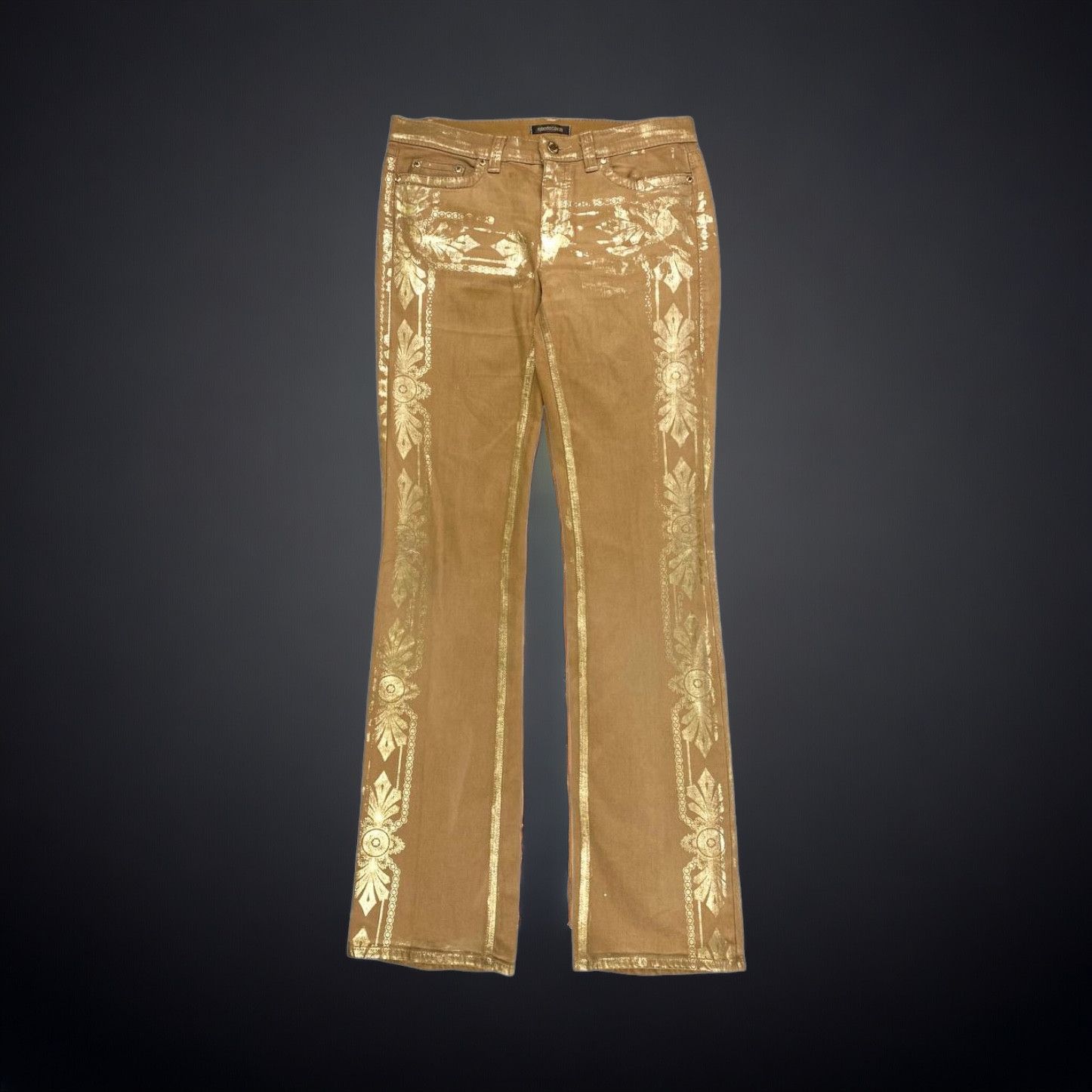 image of Italian Designers x Just Cavalli Roberto Cavalli Italian Pantalone With Gold Prints Size 44 in Beig