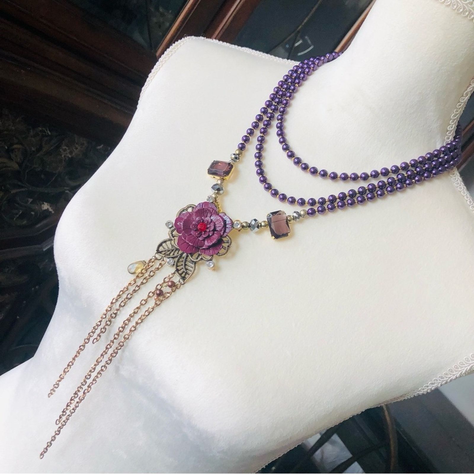 Jewelry Handcrafted repurpose glass Pearl genuine ruby necklac Size ONE SIZE - 3 Thumbnail
