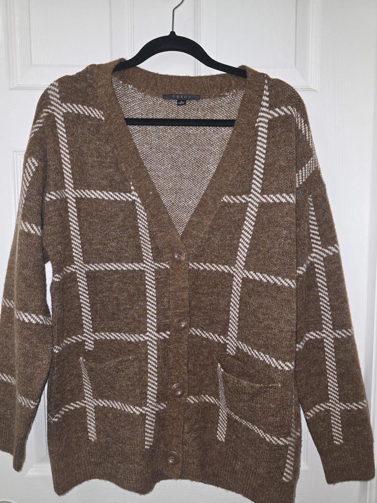 Caruso Cyrus Brown and White Plaid Button-Up Cardigan Sweater Size L / US 10 / IT 46 - 1 Thumbnail