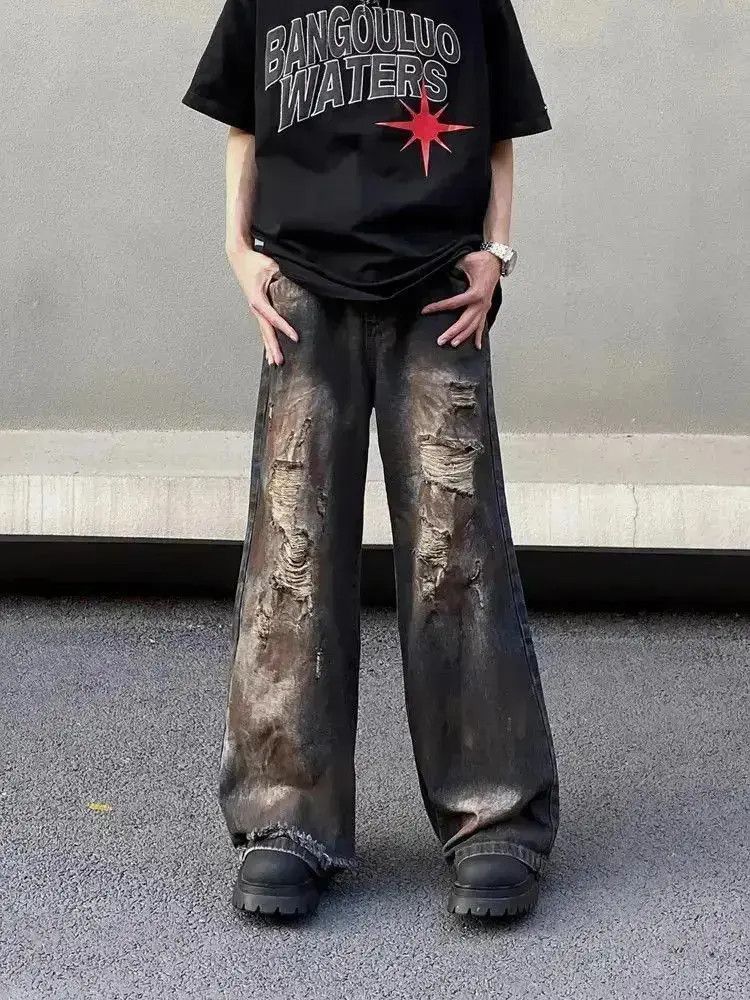 Japanese Brand Retro loose fitting straight leg distressed jeans Size US 32 / EU 48 - 5 Thumbnail