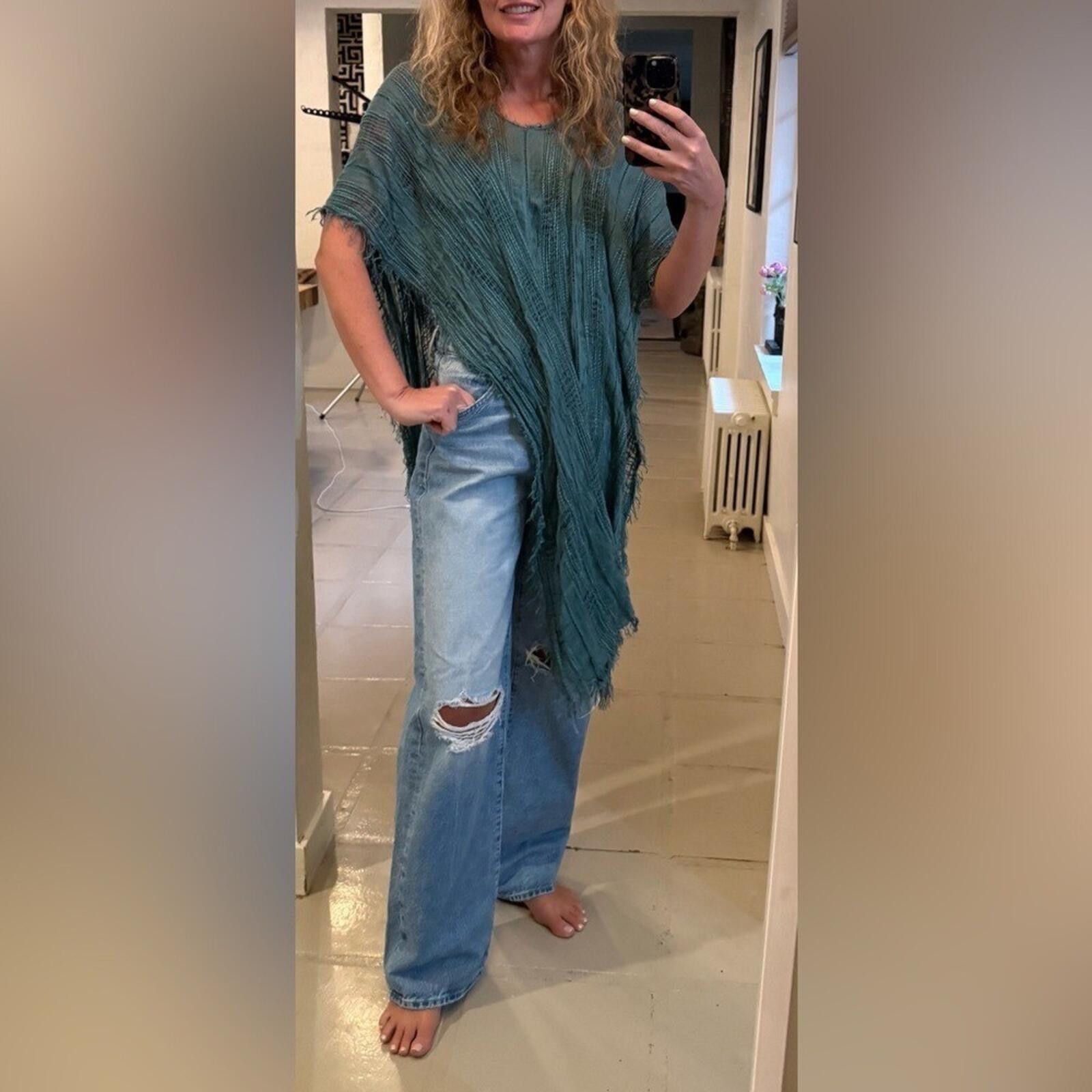 Free People Free People Teal Fringe Open Knit Poncho Cover Up OS Size ONE SIZE - 2 Thumbnail