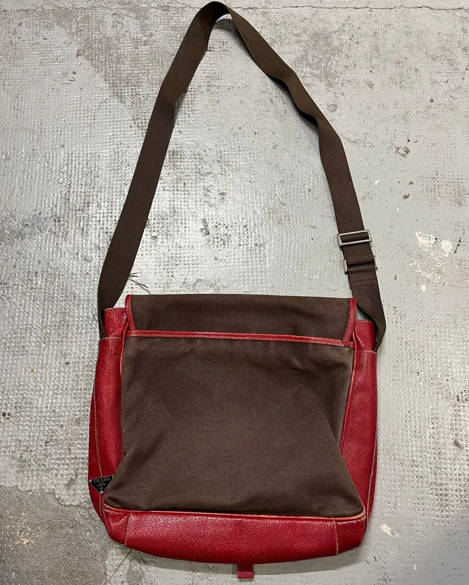 Prada Prada Brown Canvas Red Leather Messenger Bag Size ONE SIZE - 9 Thumbnail