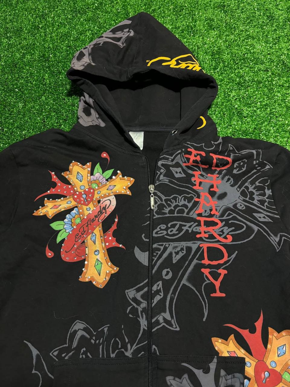 Vintage y2k Ed Hardy Crazy Cross and Flowers Logo Zip Hoodie