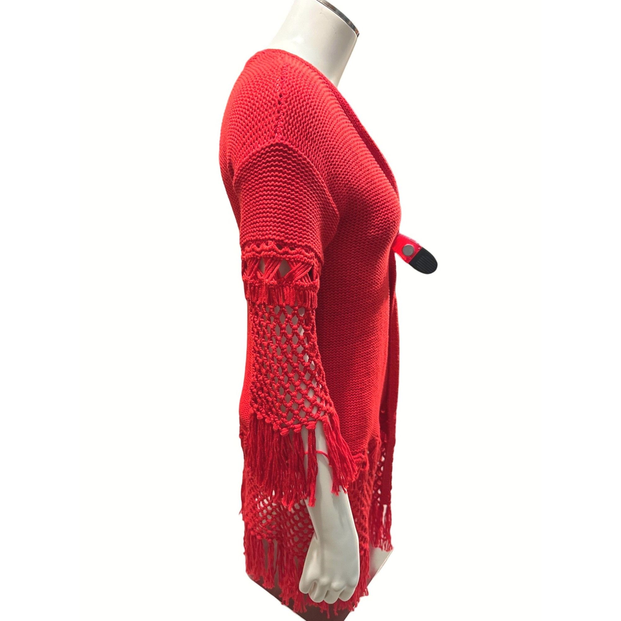 Other 600 West Rust Red Boho Fringe Cardigan Open Knit Sweater Cro Size M / US 6-8 / IT 42-44 - 4 Thumbnail
