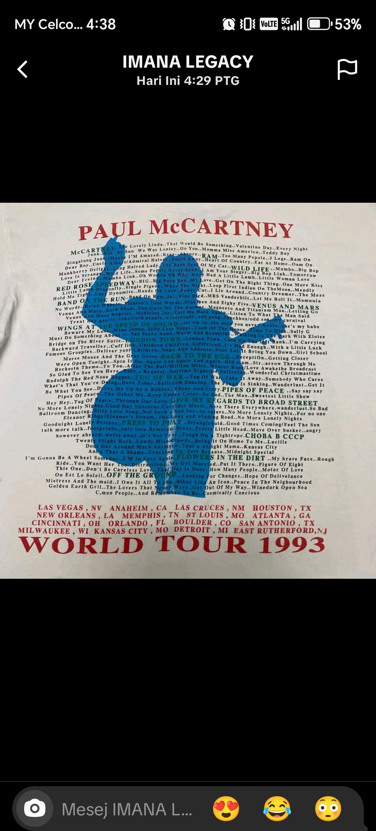 Vintage Vintage Paul McCartney The New World Tour 1993 Tshirt Size US L / EU 52-54 / 3 - 4 Thumbnail