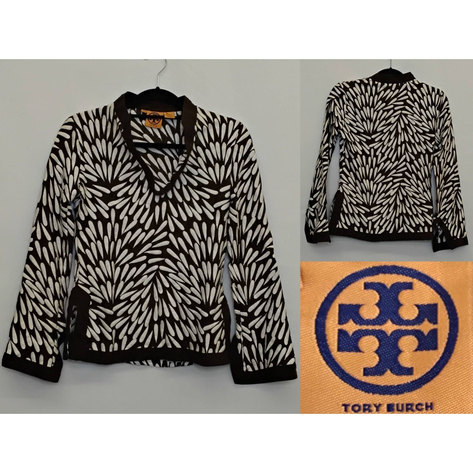 Tory Burch Tory Burch V-Neck Blouse Women's 2 Brown/White Embroidered Size XS / US 0-2 / IT 36-38 - 1 Thumbnail