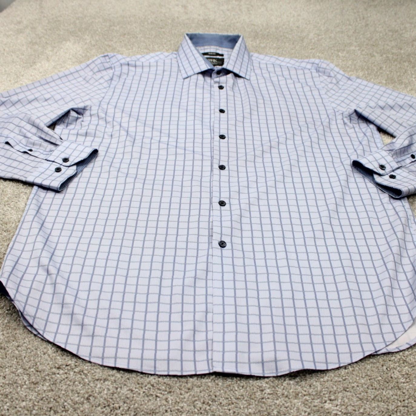 Vintage WRK Dress Shirt Mens 18 Blue Slim Fit 4-Way Stretch Polyester Blended Fabric Strc Geometric Pattern Shirt Size 48R - 7 Thumbnail