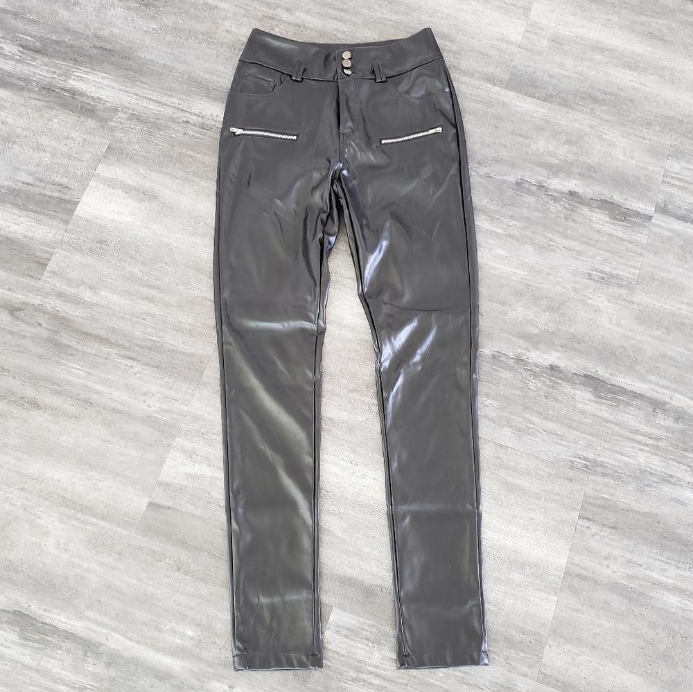 Designer Black Detailed Faux Leather Skinny Pant Size 32" / US 10 / IT 46 - 1 Thumbnail