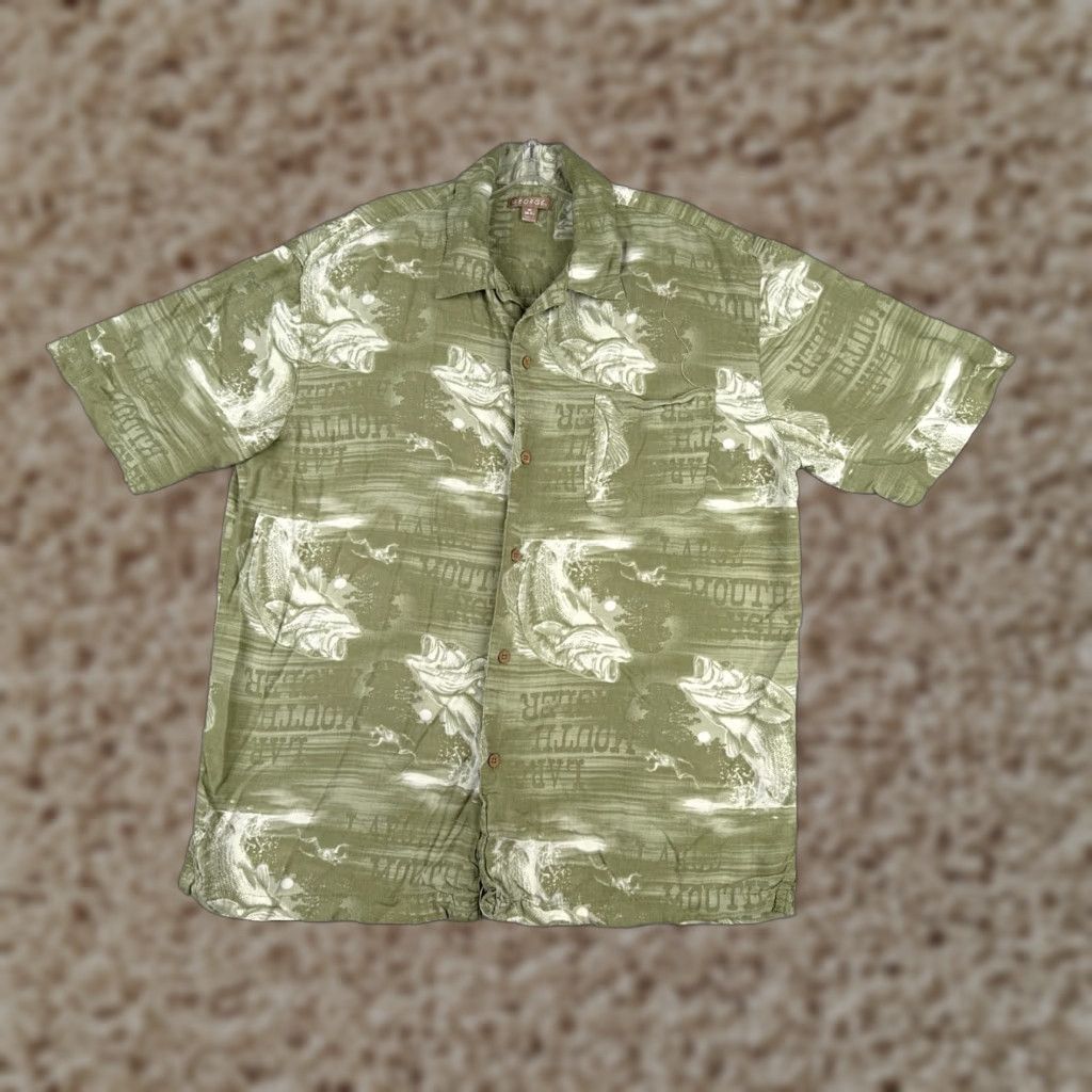 George George Button-Up Shirt Men Medium Green Hawaiian 100% Rayon Pocket Solid Collar Brief: Largemouth Bass Angler Theme Season All Seasons Vintage No Size US XXL / EU 58 / 5 - 1 Thumbnail