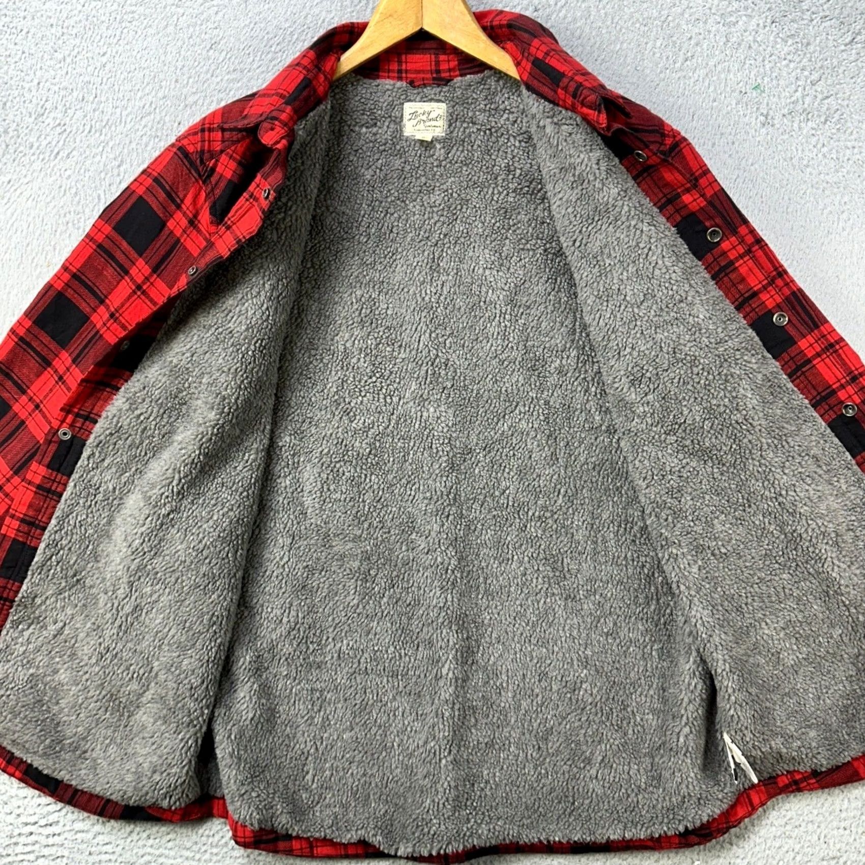 Lucky Brand Lucky Brand Mens Large Shirt Flannel Shacket Red Plaid Heavyweight Lined Sherpa Button-Up Long Sleeve Collared Striped Accent Casual Winter Fall Mens Size US L / EU 52-54 / 3 - 3 Thumbnail
