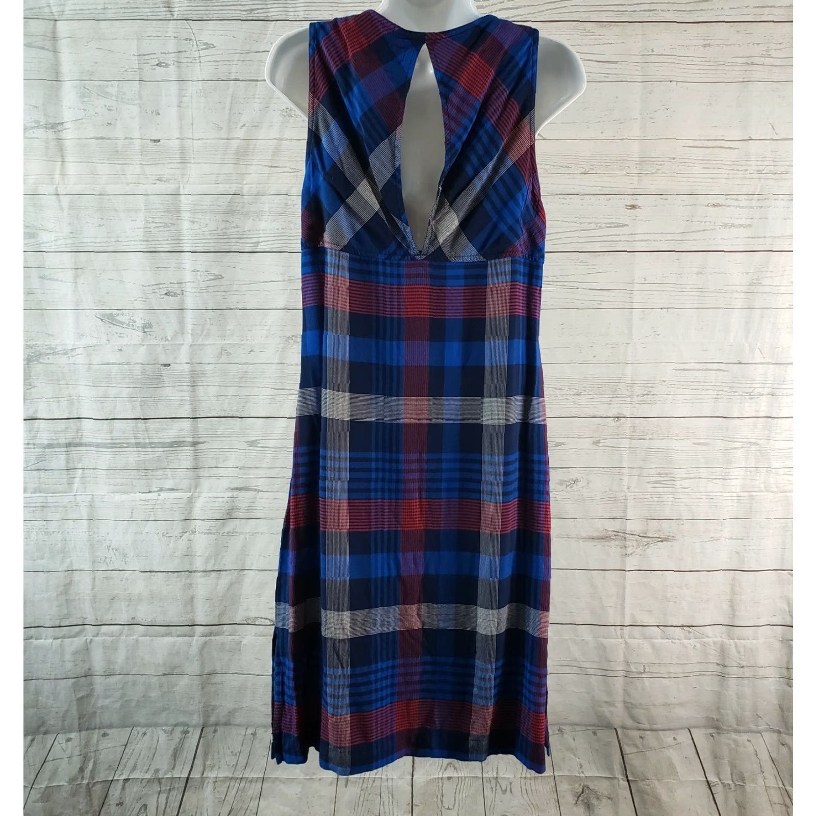 KAVU Kavu Womens Dress S Plaid Blue Red Sleeveless V-Neck Rayon Knee Length A-Line Womens Size S / US 4 / IT 40 - 4 Thumbnail