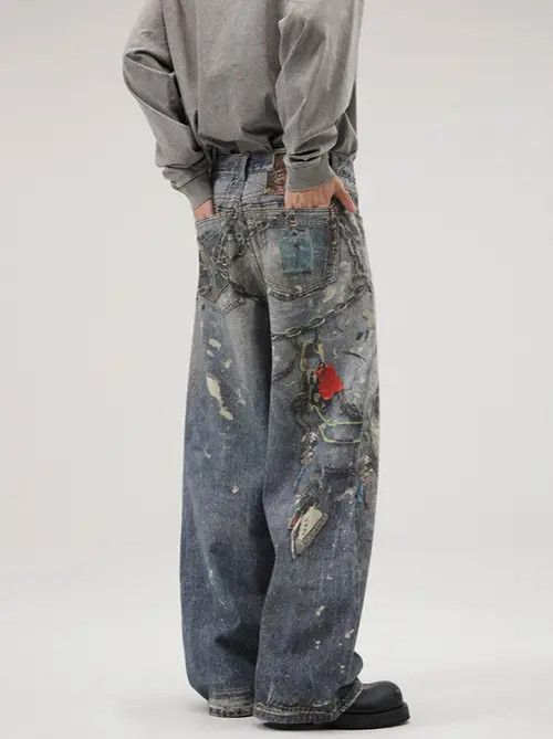 Japanese Brand × Jean Blue washed distressed ink-splatter tie-dye straight jeans Size US 32 / EU 48 - 2 Thumbnail