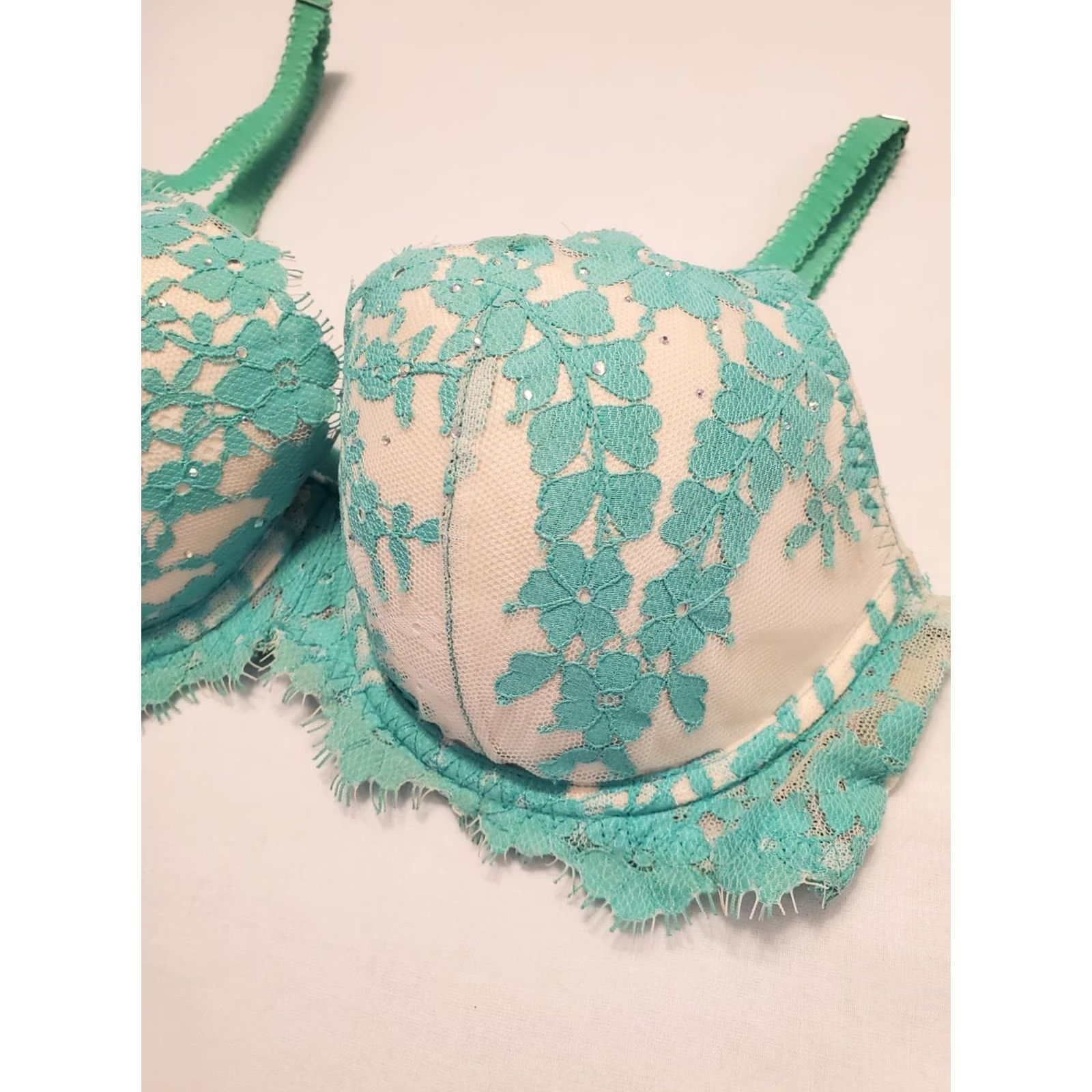 Victoria's Secret Victoria'S Secret Push Up Bra Womens 32D Teal Dream Angels Lace Underwire Lined Demi Size ONE SIZE - 2 Thumbnail
