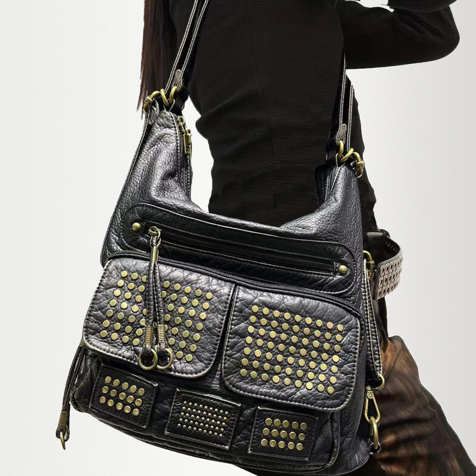 Black Studded Leather Shoulder Bag Casual Handbag