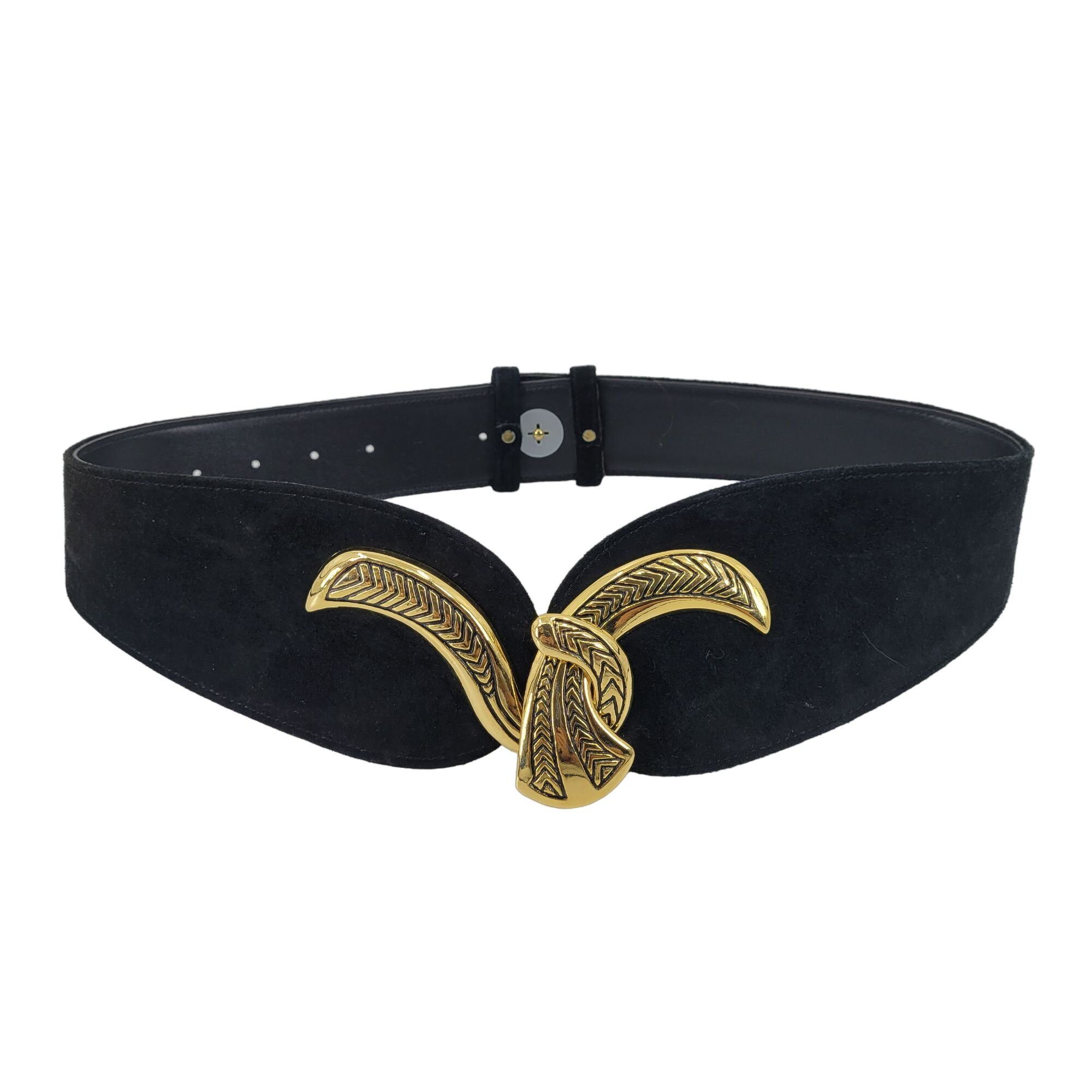 Vintage 80's Wide V Belt Black Suede Ornate Gold Etched Hook