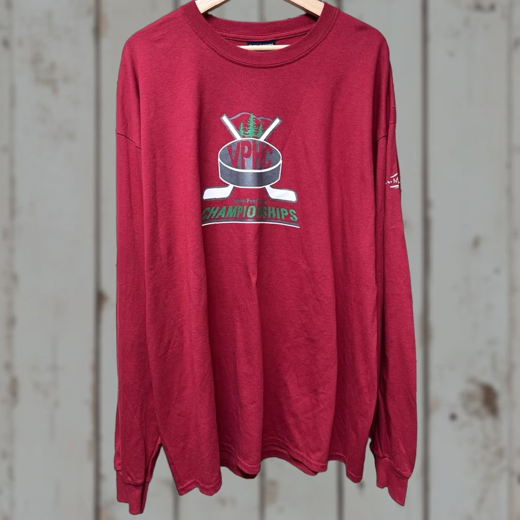 Vintage New 2XL Vermont Pond Hockey Championships Red Long T-shirt MV Sport Crew Neck Men Classic Cotton Sleeve Graphic Print VT Hockey Sports Mens 2XL Size US XXL / EU 58 / 5 - 1 Thumbnail