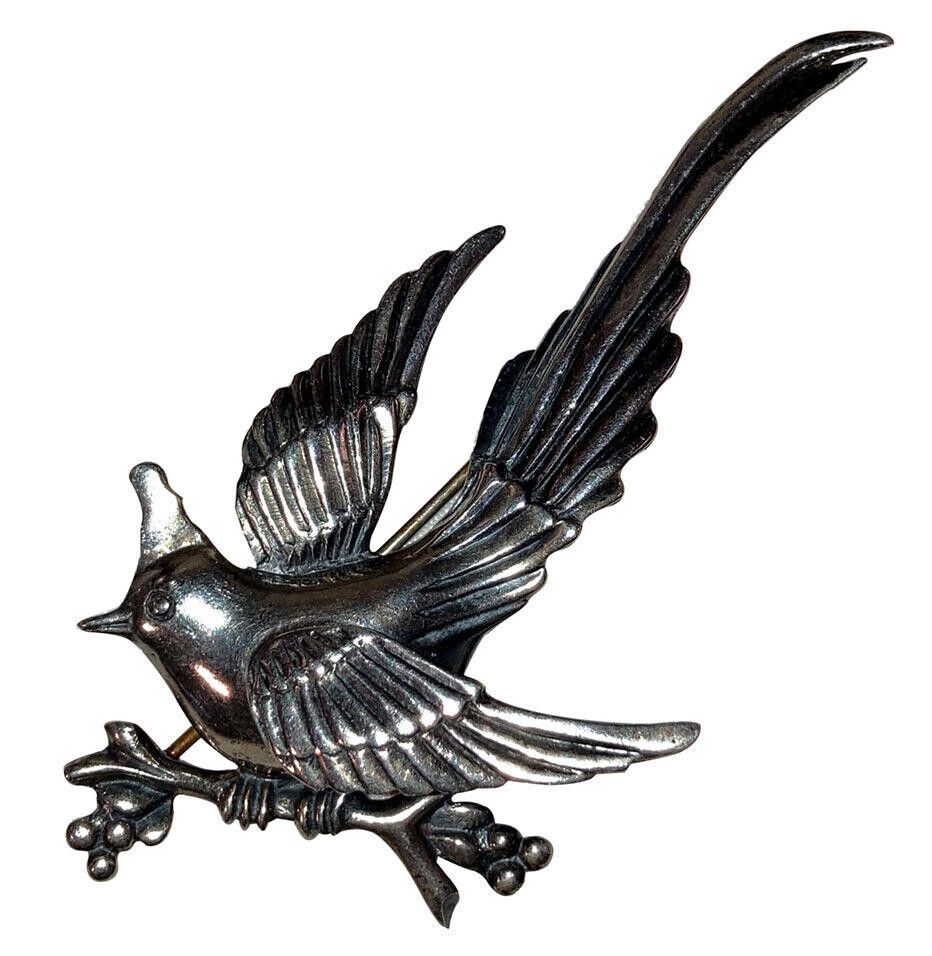 Designer Mexican Sterling Silver Bird Perching on Branch Pin Size ONE SIZE - 1 Thumbnail
