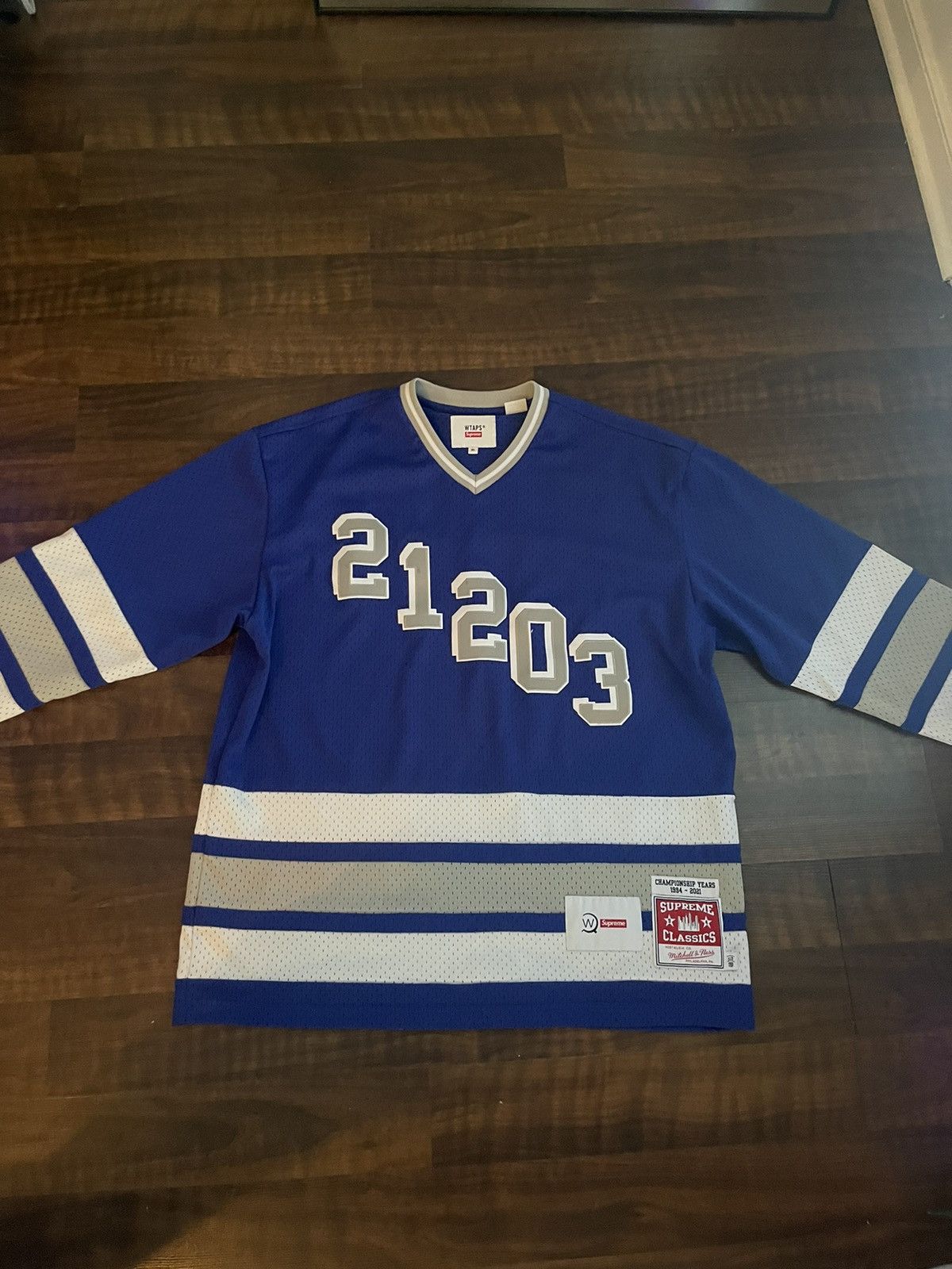 image of Supreme Wtaps Mitchell & Ness Hockey Jersey in Blue, Men's (Size XL)