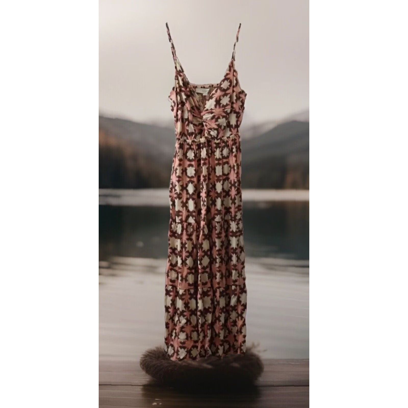 Loft LOFT Dress Women's Petite Midi Smocked Front Twist Back Pink Brown Pattern Sundress Tank Dress 2 Petite Womens Size XS / US 0-2 / IT 36-38 - 2 Thumbnail