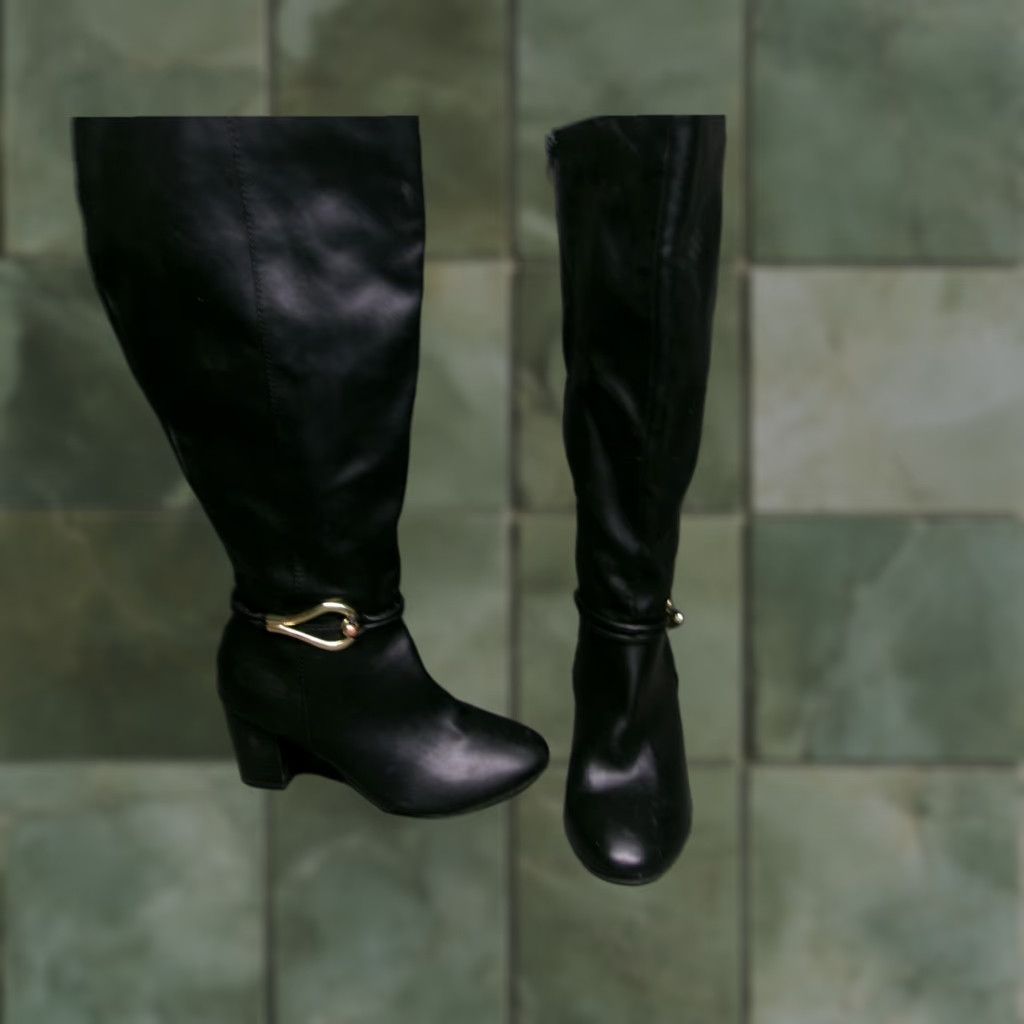 Vintage Dexflex Comfort Boots Women 6W Black Knee High Block Heel Gold Buckle Polished Equestrian Boots Women’s 6W Black Knee-High Size US 6 / IT 36 - 1 Thumbnail