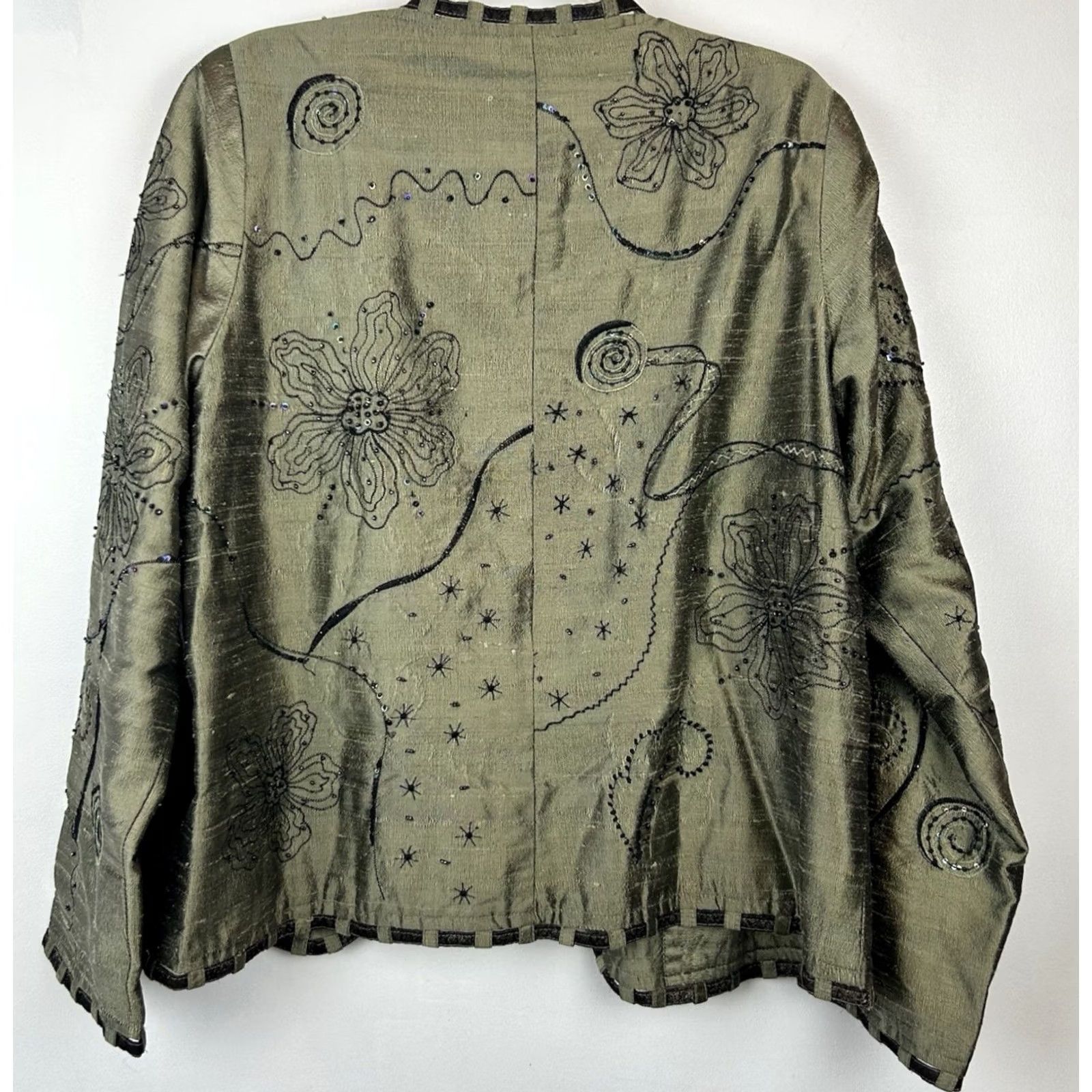 Vintage VINTAGE Yak Magik Blazer Womens L Jacket Silk Green Open Embroidered Beaded Sequin Size L / US 10 / IT 46 - 3 Thumbnail