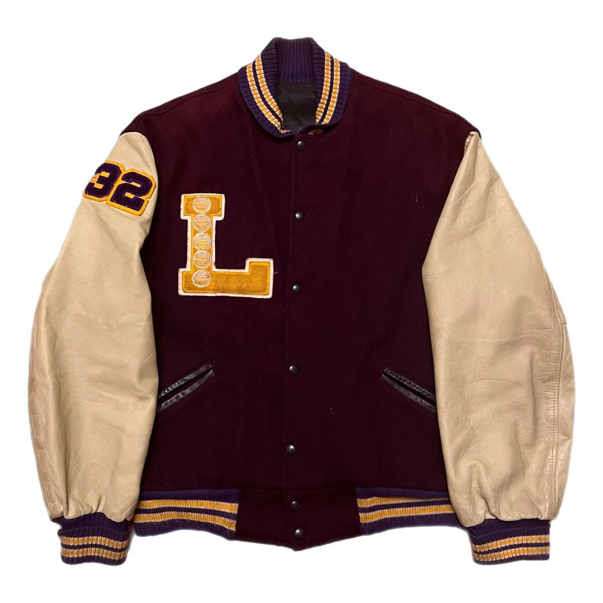 image of L A Lakers x NBA Vintage 80’S Nba Lakers Leather-Sleeve Varsity Jacket in Purple, Men's (Size XL)