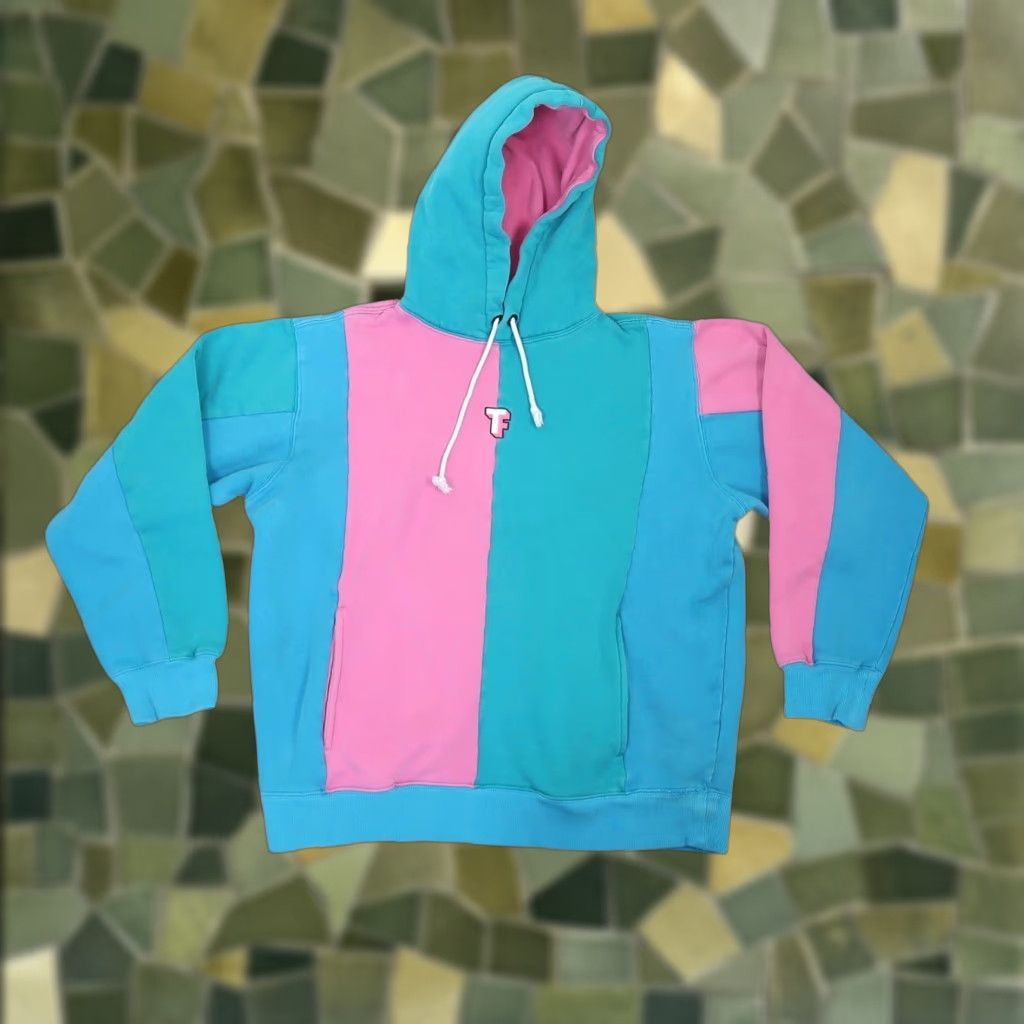 Teddy Fresh Hoodie Mens L Colorblock Blue Teal Pink Hooded Sweatshirt Pullover Long Sleeve Cotton Polyester Fall Winter Spring Pocket