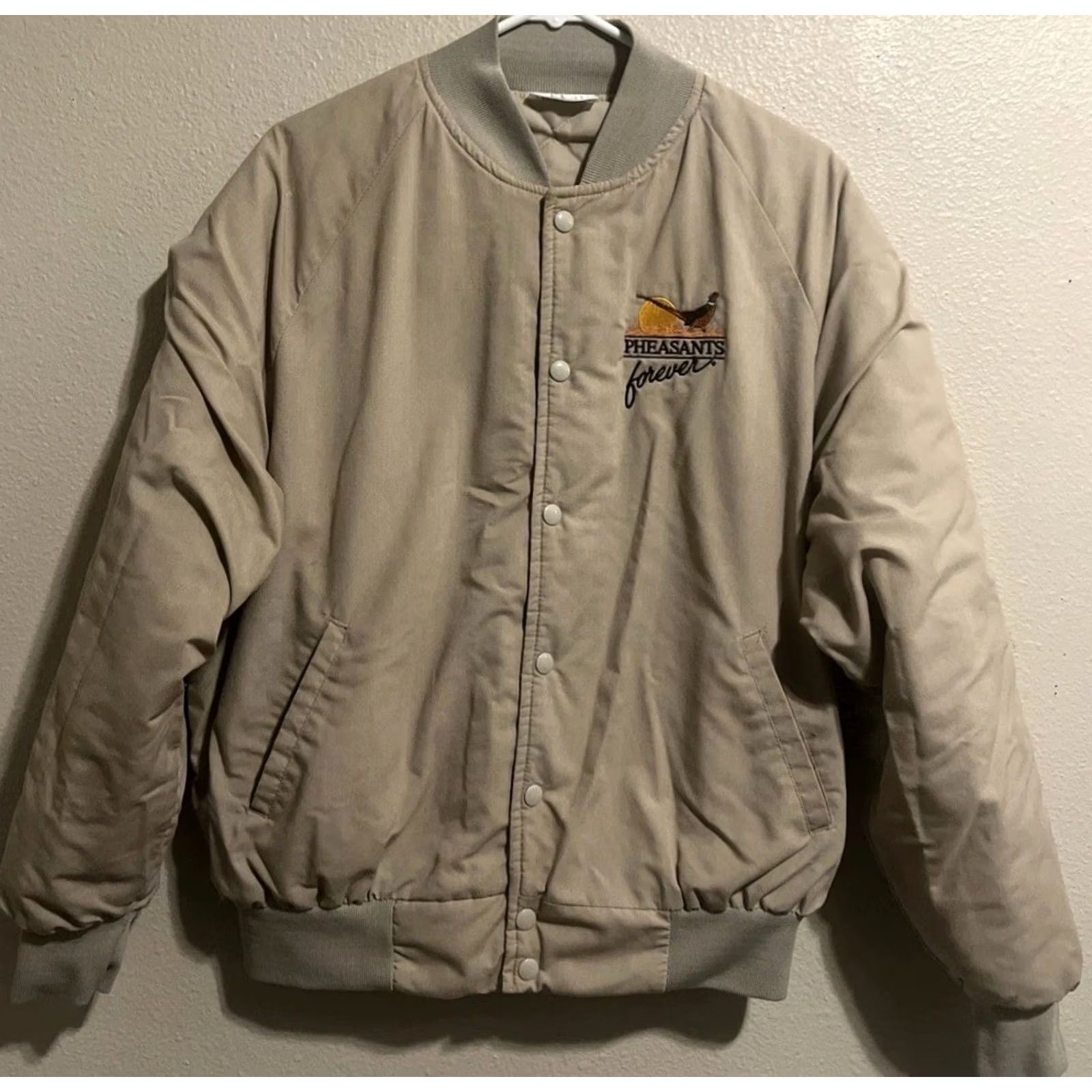 Vintage VINTAGE Poplins Made In USA Bomber Jacket Mens L Beige Solid 90s Mid-Length Full Zip Pockets All Seasons Cotton Outer Shell Cotton Blend Lining Size US L / EU 52-54 / 3 - 2 Thumbnail