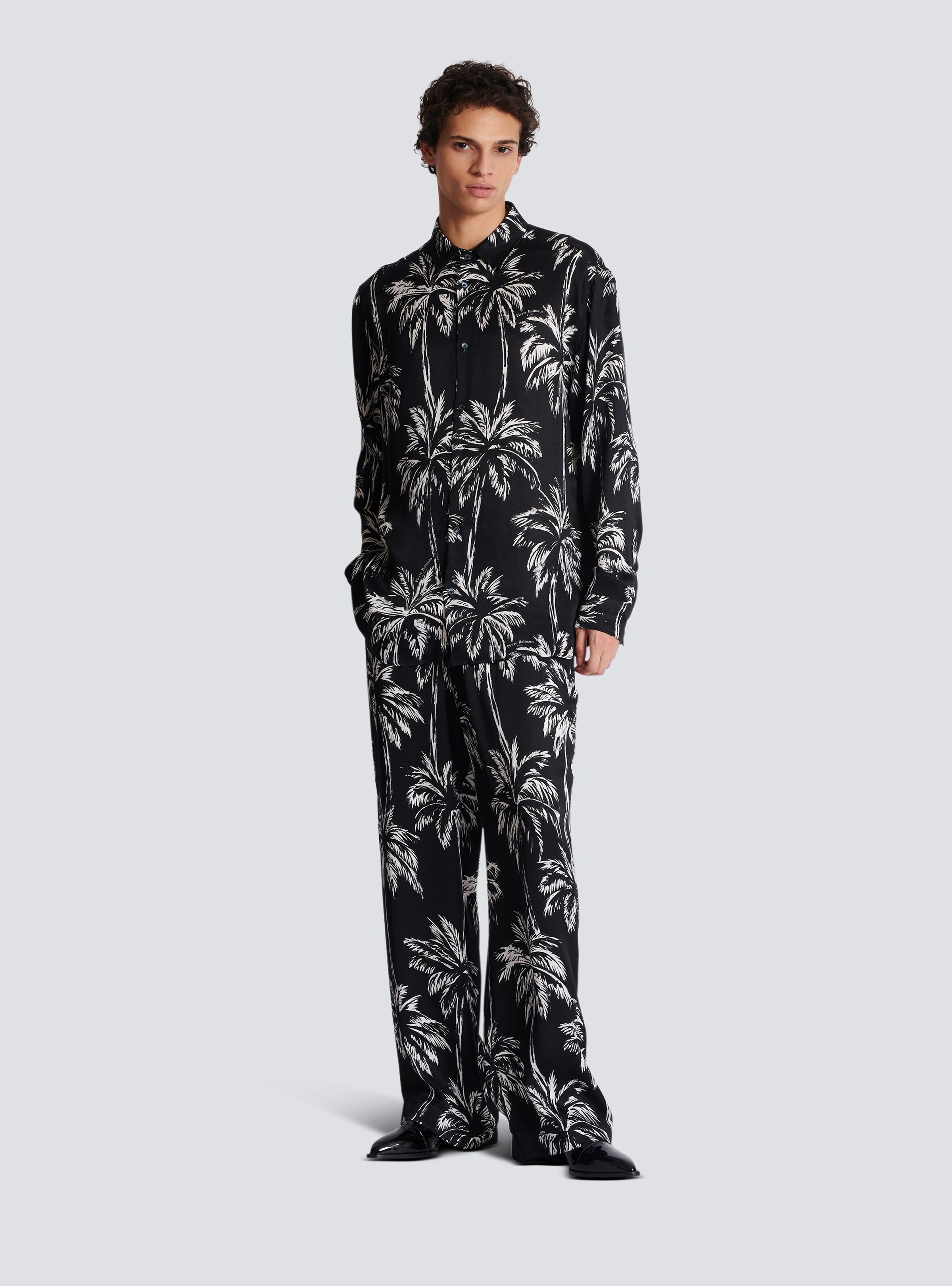 Balmain o1s1wg110925 Plam Tree Satin Payjama Trousers in Black/White Size US 36 / EU 52 - 2 Thumbnail