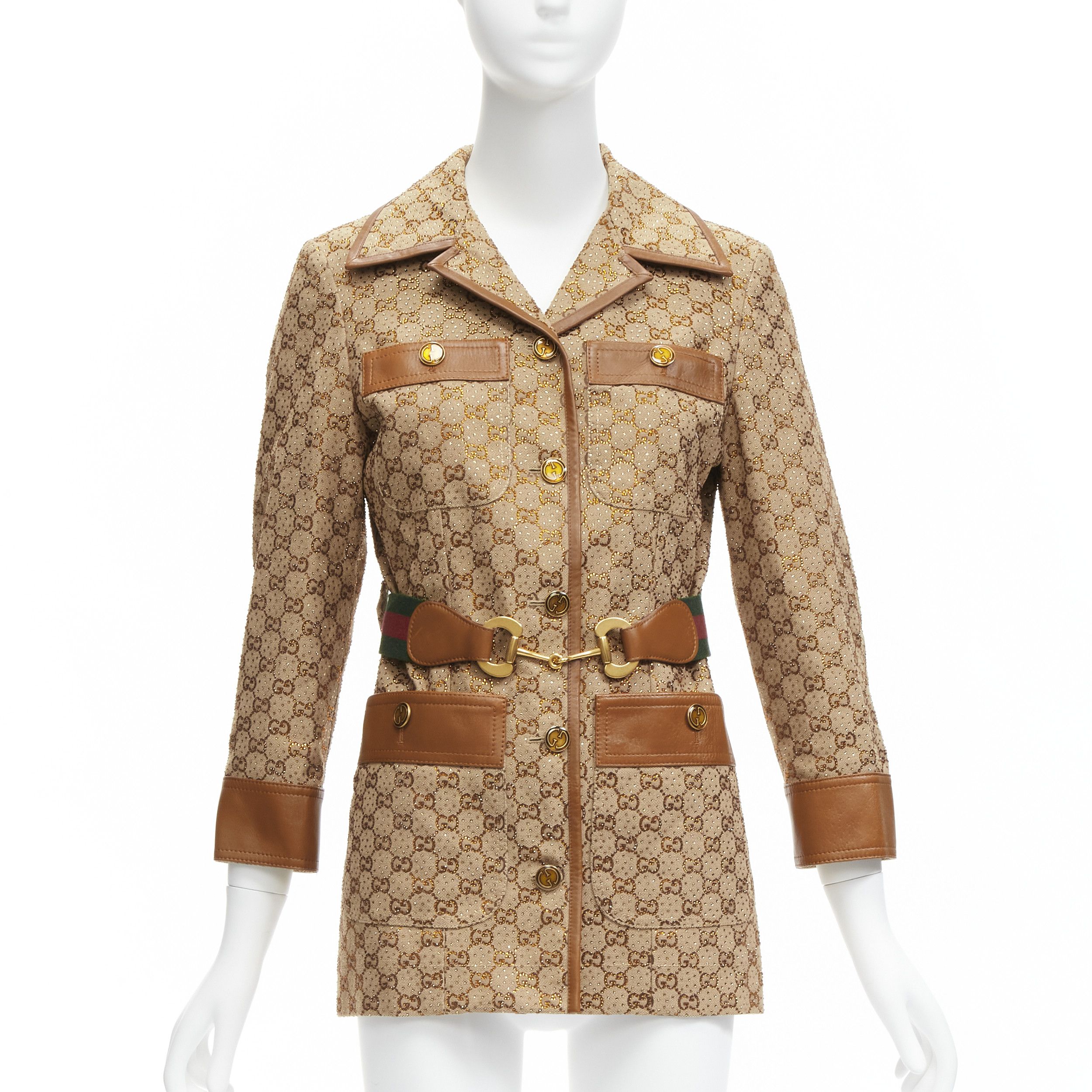 Gucci GUCCI 2022 Aria crystal embellished Horsebit web belt leather trimmed GG canvas jacket IT38 XS Size XS / US 0-2 / IT 36-38 - 1 Thumbnail