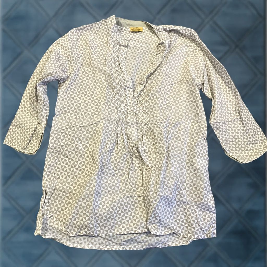 Vintage Roberta Roller Rabbit Tunic Beach Coverup Gray 100% Cotton S Bell Sleeve V-Neck Geometric Slit Casual Womens Regular Top Shirt Size S / US 4 / IT 40 - 1 Thumbnail