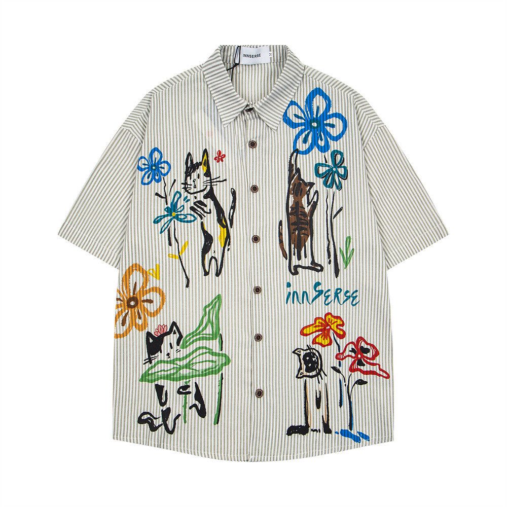 Cartoon graffiti striped shirt for men, hip-hop style