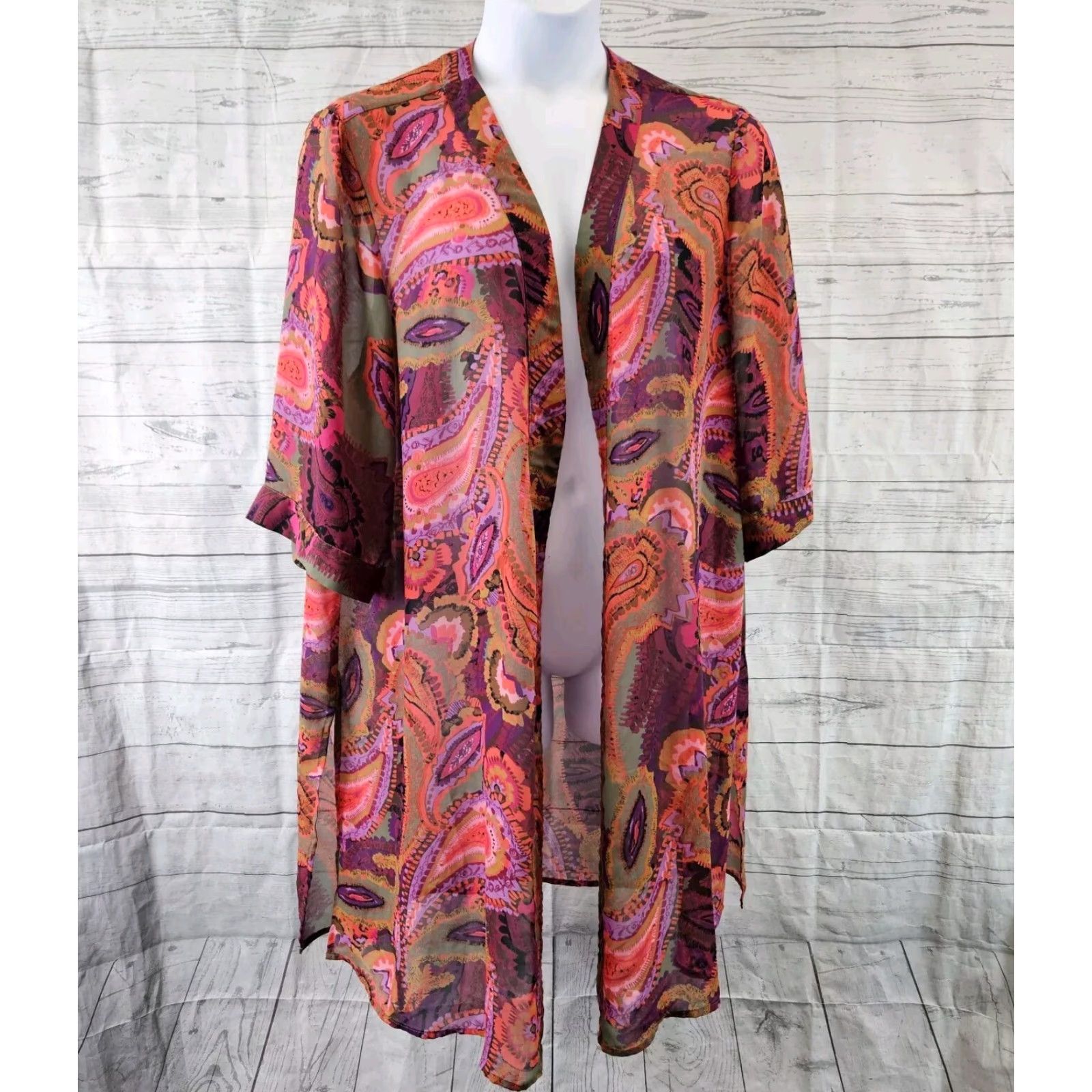 Vintage Catherines Blouse Kimono 1X Womens Purple Pink Paisley Sheer 3/4 Sleeve Polyester Size XL / US 12-14 / IT 48-50 - 2 Thumbnail