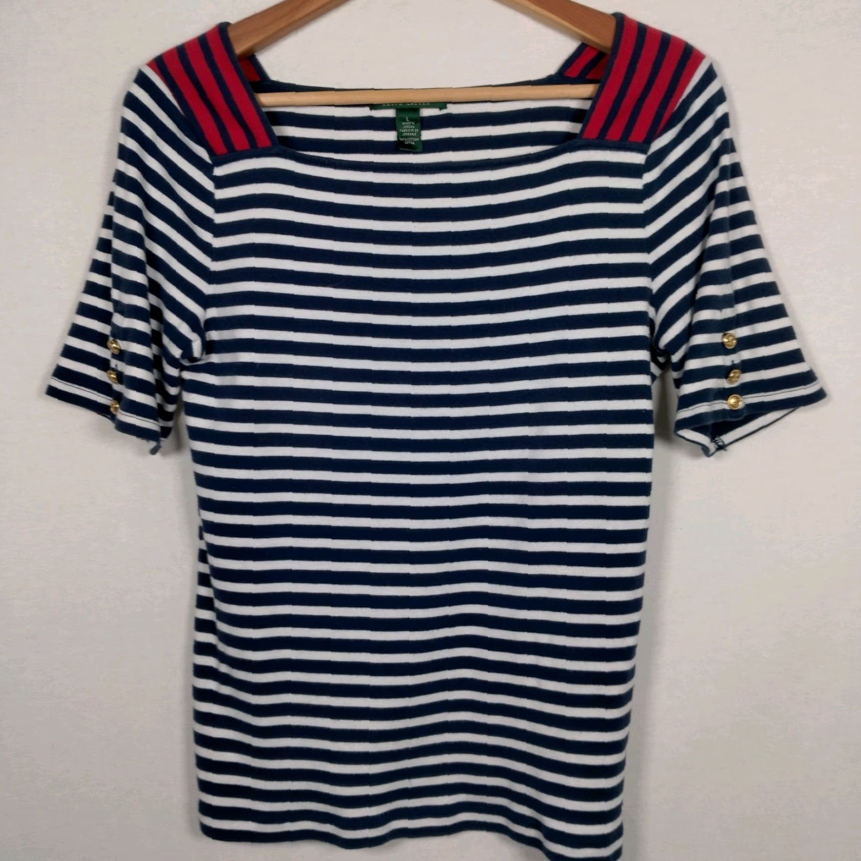 Ralph Lauren VINTAGE Lauren Ralph Lauren Shirt Women L Nautical Striped Cotton Short Sleeve Casual Blue White Gold Buttons Size L / US 10 / IT 46 - 2 Thumbnail