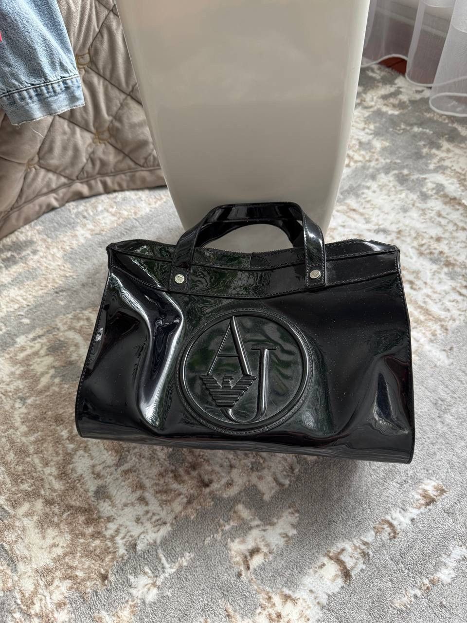 Emporio Armani Armani Jeans Black Patent Handbag Tote Bag Icon Logo Size ONE SIZE - 1 Thumbnail