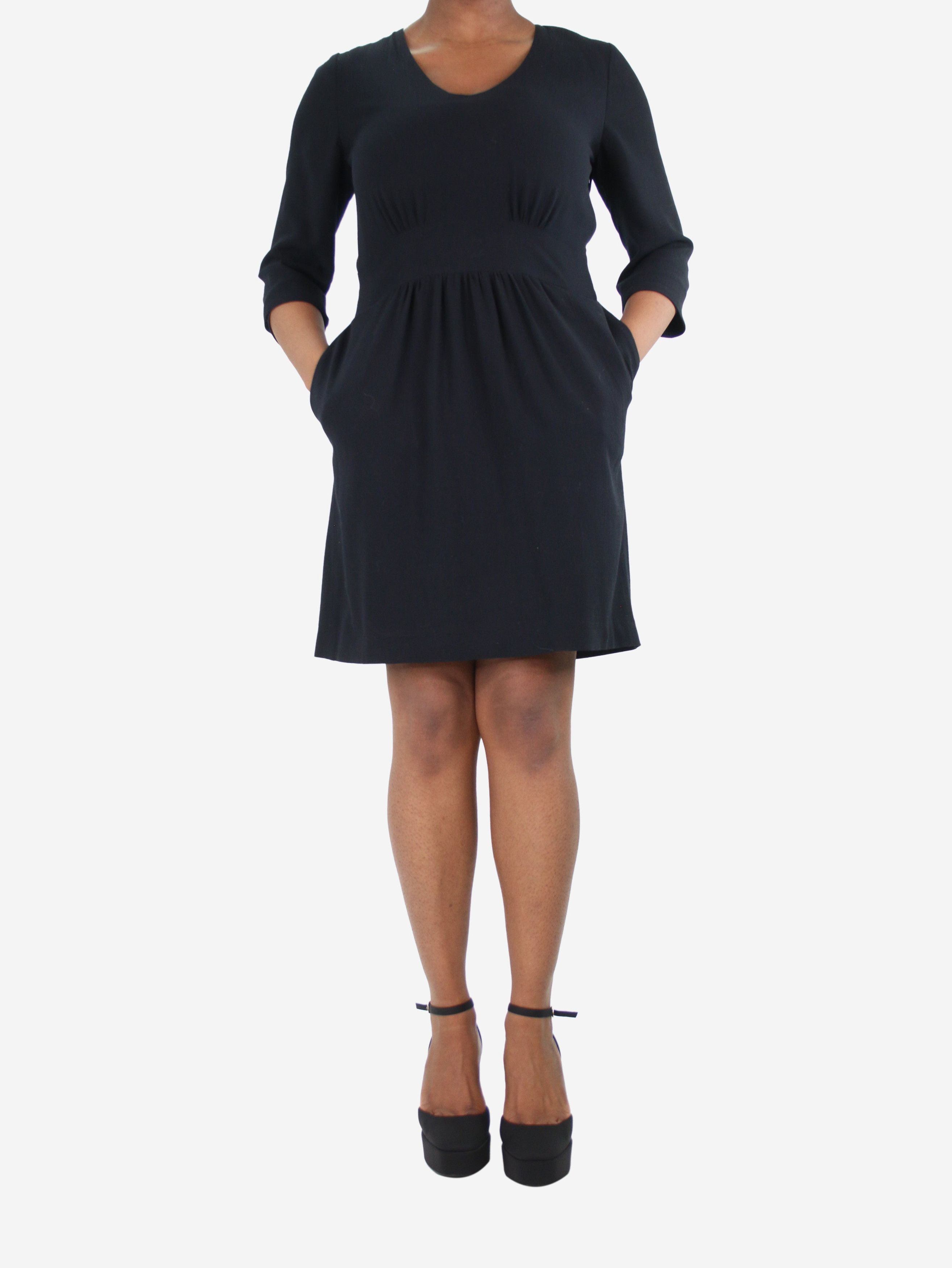 image of Margaret Howell Black Gathered-Waist Wool Dress - Size Uk 14, Women's