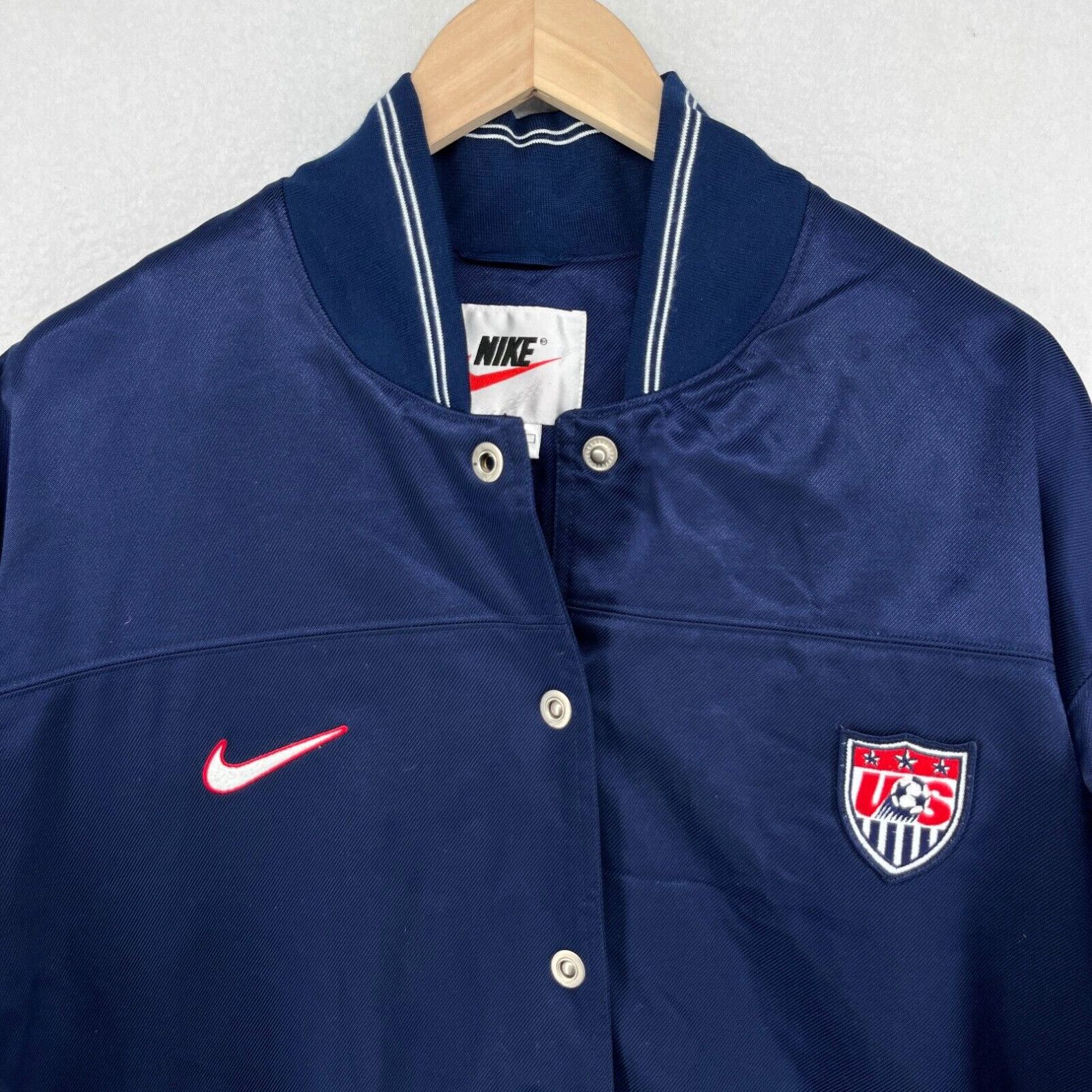 image of Us Soccer Team Jacket Mens M Nike Bomber Windbreaker Snap Front Lined Blue Usa in White
