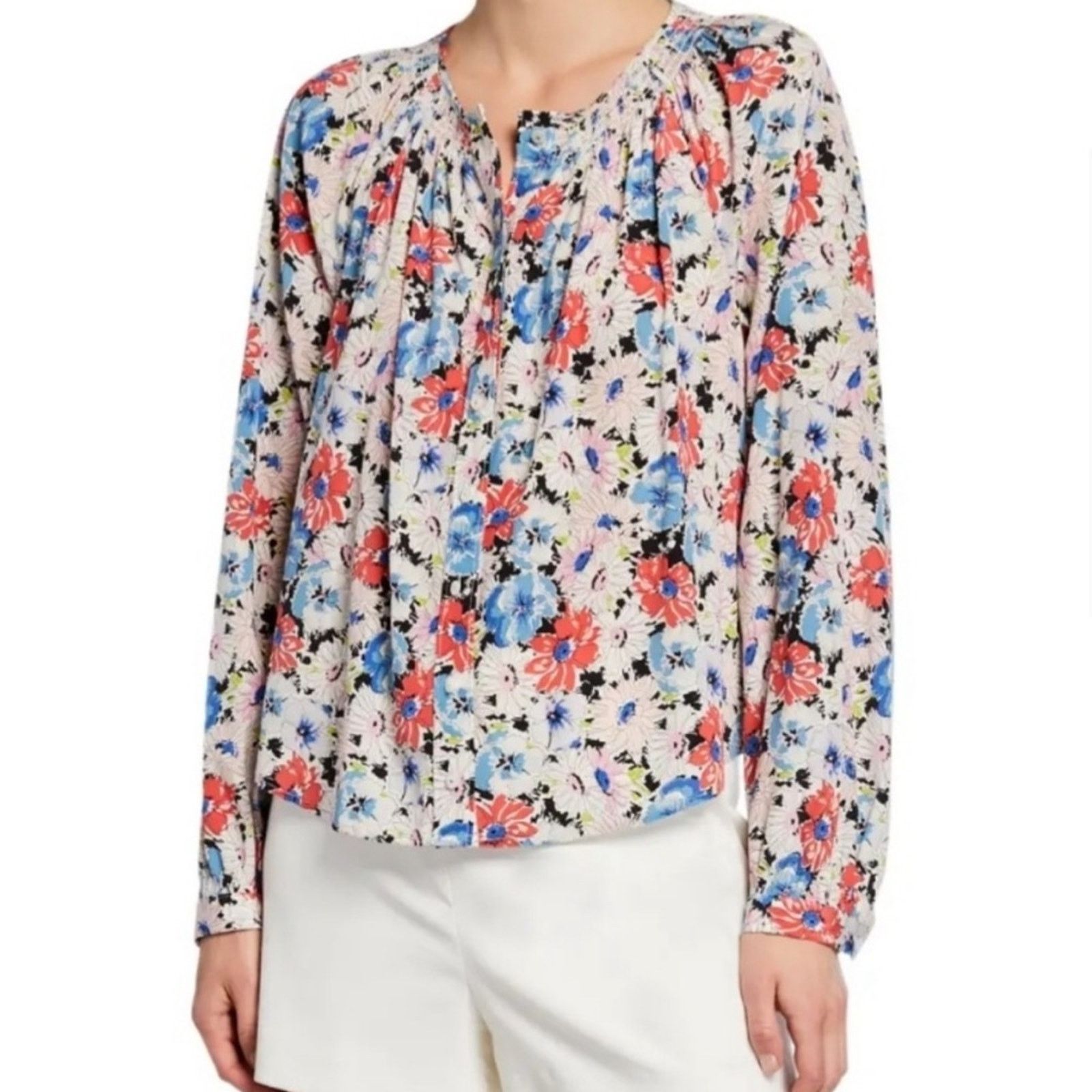 Veronica Beard Veronica Beard Madge 100% Silk Floral Print Long Sleeve Top Size L / US 10 / IT 46 - 1 Thumbnail