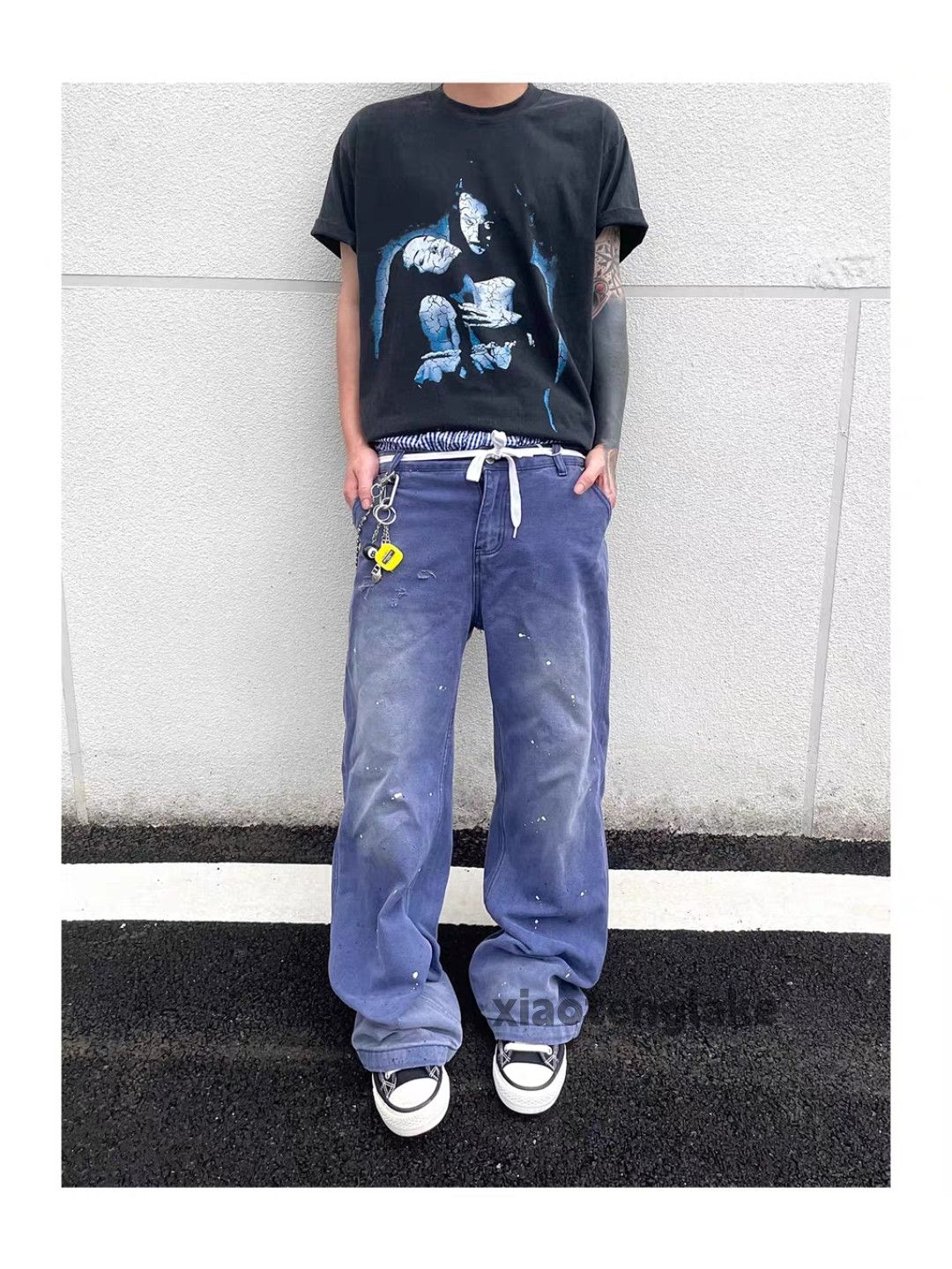 Designer Unisex washed faded loose baggy hiphop paint pants Size US 30 / EU 46 - 1 Thumbnail