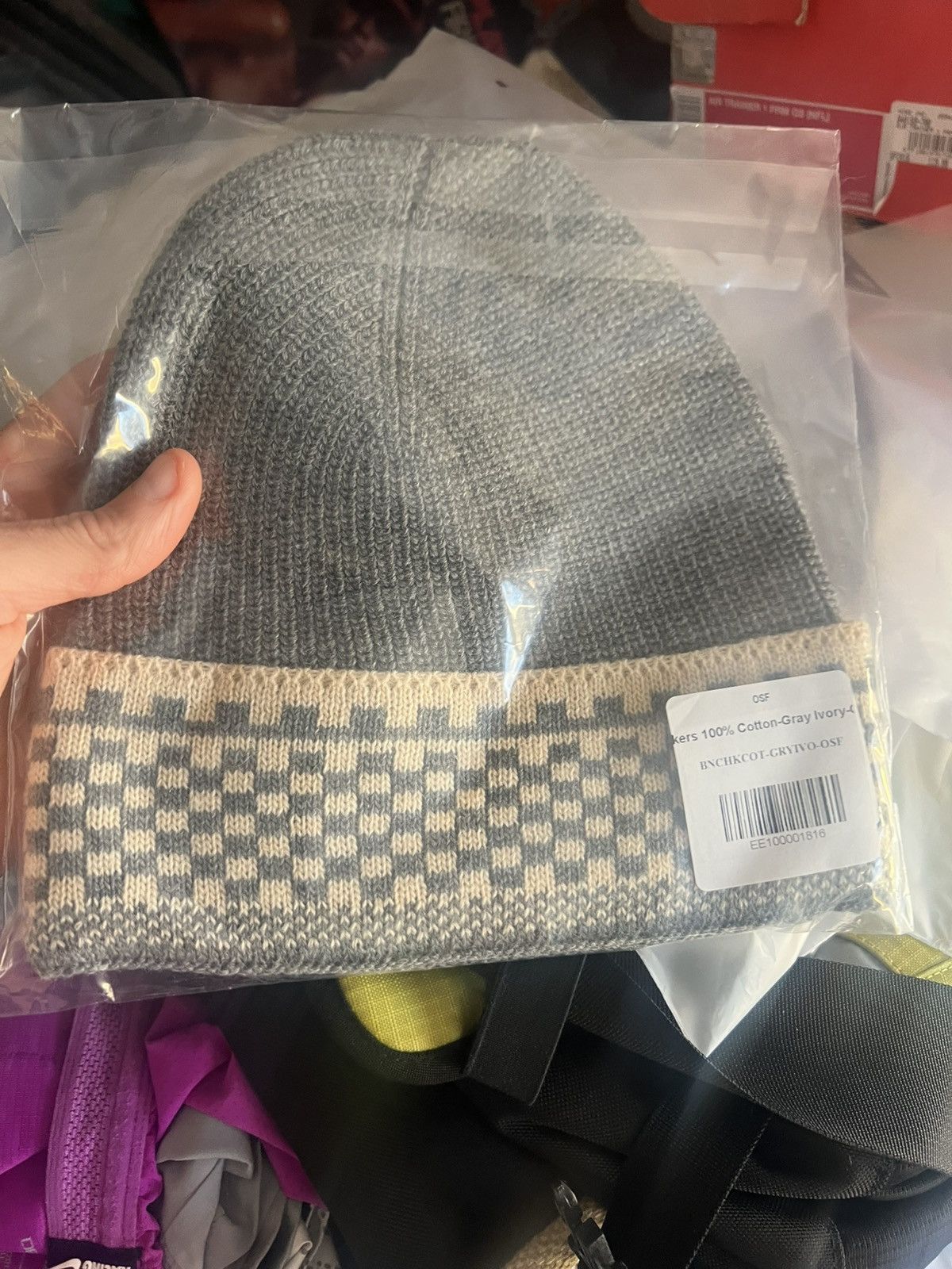 Eric Emanuel Eric Emanuel EE grey & ivory checker winter hat beanie Size ONE SIZE - 2 Thumbnail