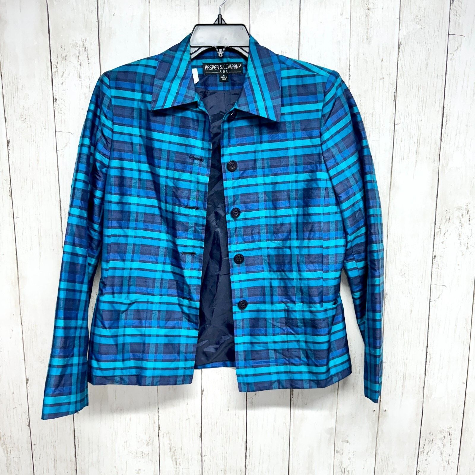 Vintage Vintage Kasper & Co Jacket Plaid Blue Button Down 90s Silk Size M / US 6-8 / IT 42-44 - 1 Thumbnail