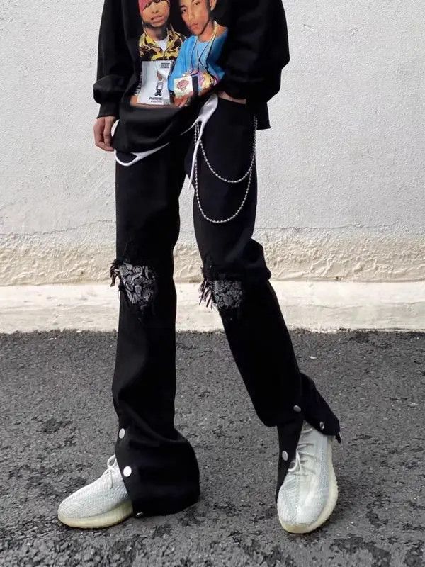 VIBE Black high street patched ripped straight breasted jeans Size US 32 / EU 48 - 2 Thumbnail